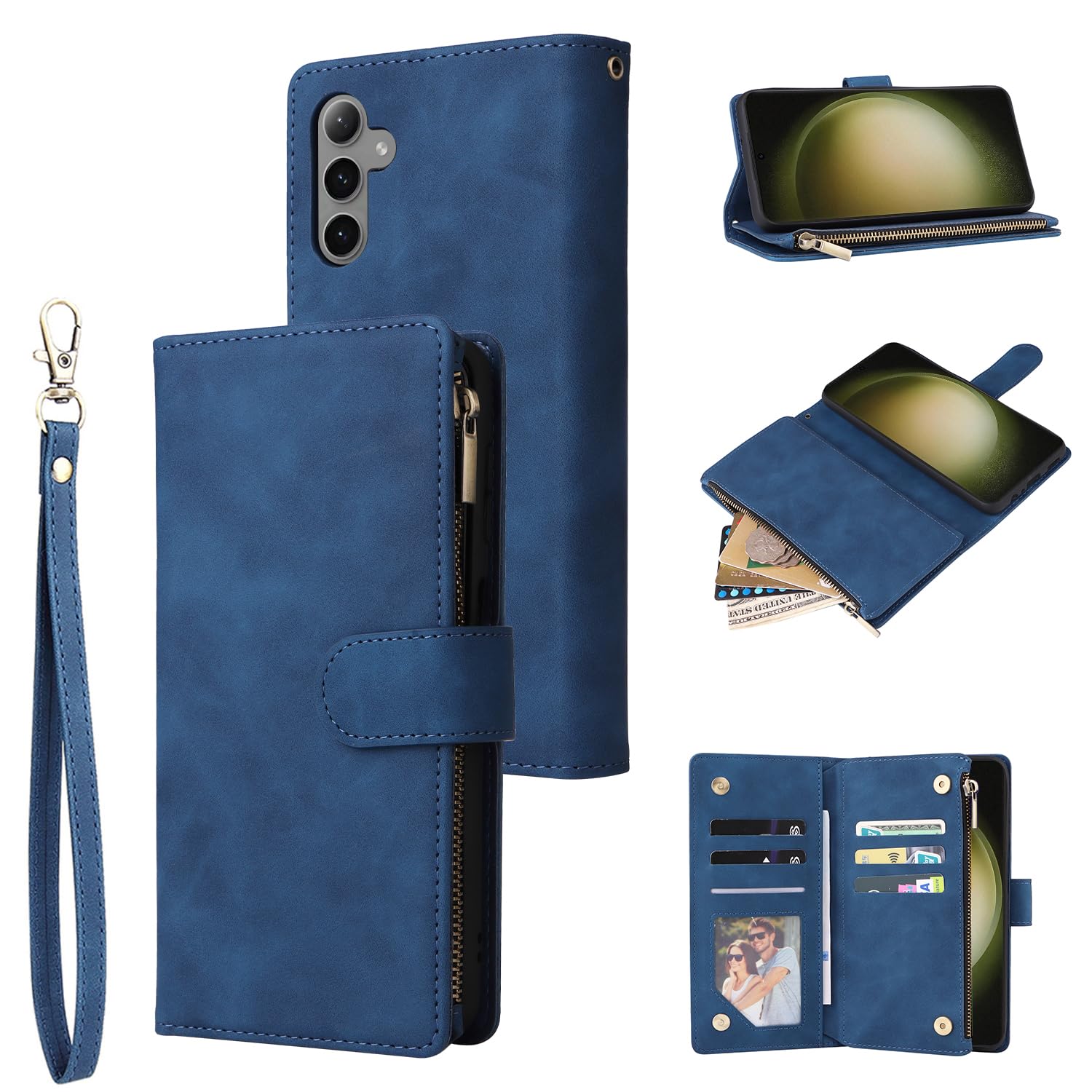 UEEBAI UEEBAI Blue Wallet Case for Samsung Galaxy S24 Plus 5G PU Leather Magnetic Closure Handbag with Zipper Pocket Card Slots and Hand Strap