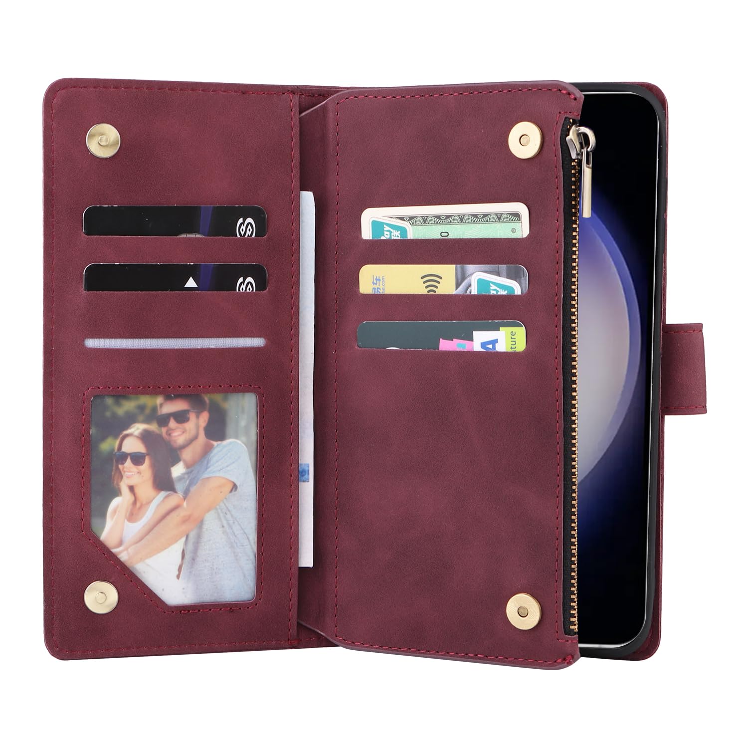 UEEBAI UEEBAI Wine Red Wallet Case for Samsung Galaxy S24 5G PU Leather Magnetic Closure Handbag with Zipper Pocket Card Slots and Hand Strap - View 2 of 7