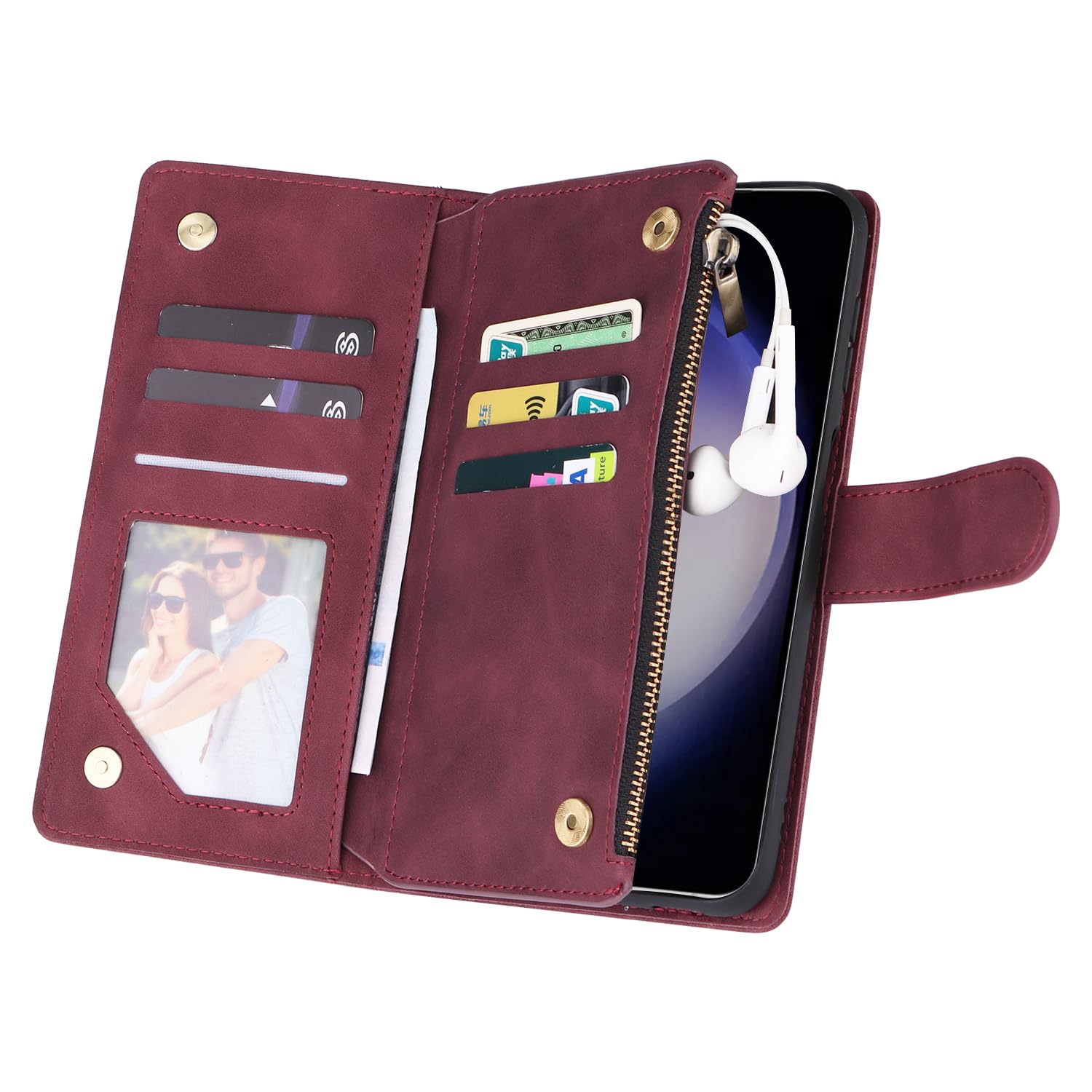UEEBAI UEEBAI Wine Red Wallet Case for Samsung Galaxy S24 5G PU Leather Magnetic Closure Handbag with Zipper Pocket Card Slots and Hand Strap - View 3 of 7