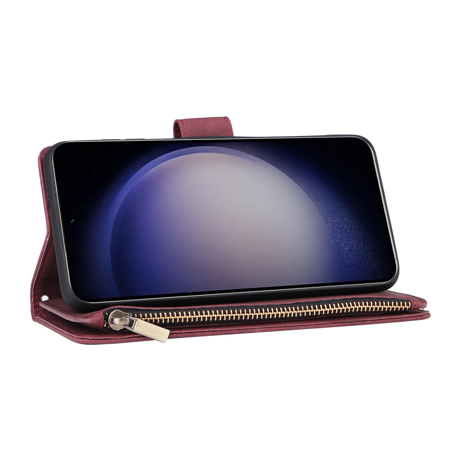 UEEBAI UEEBAI Wine Red Wallet Case for Samsung Galaxy S24 5G PU Leather Magnetic Closure Handbag with Zipper Pocket Card Slots and Hand Strap - View 4 of 7