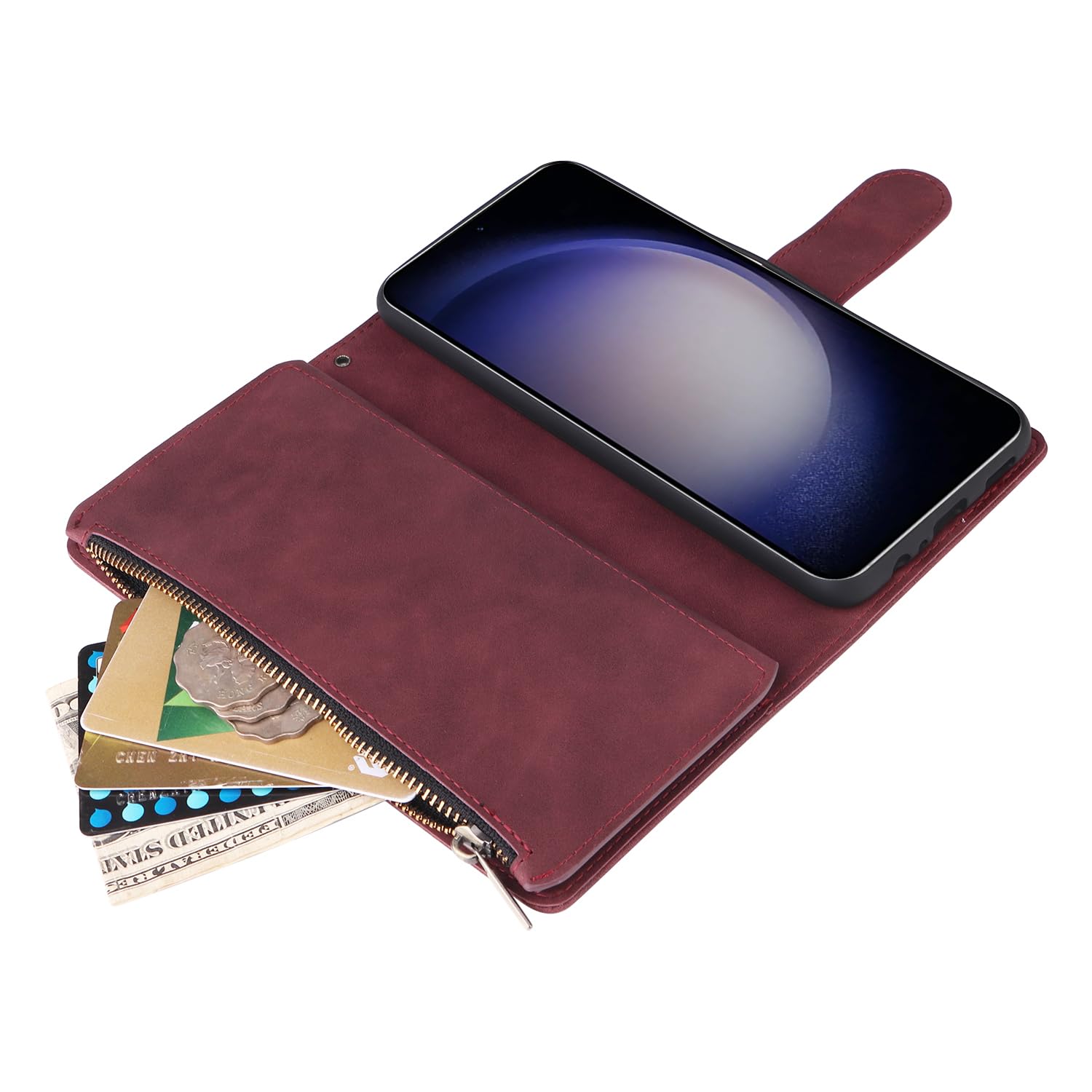 UEEBAI UEEBAI Wine Red Wallet Case for Samsung Galaxy S24 5G PU Leather Magnetic Closure Handbag with Zipper Pocket Card Slots and Hand Strap - View 5 of 7