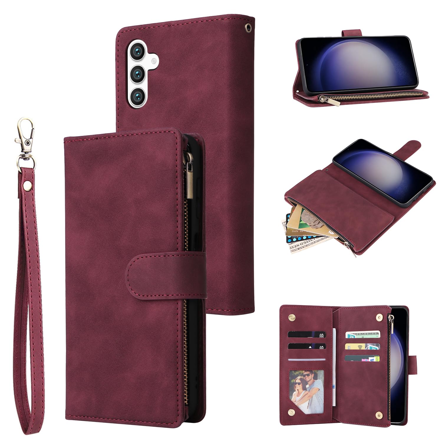 UEEBAI UEEBAI Wine Red Wallet Case for Samsung Galaxy S24 5G PU Leather Magnetic Closure Handbag with Zipper Pocket Card Slots and Hand Strap