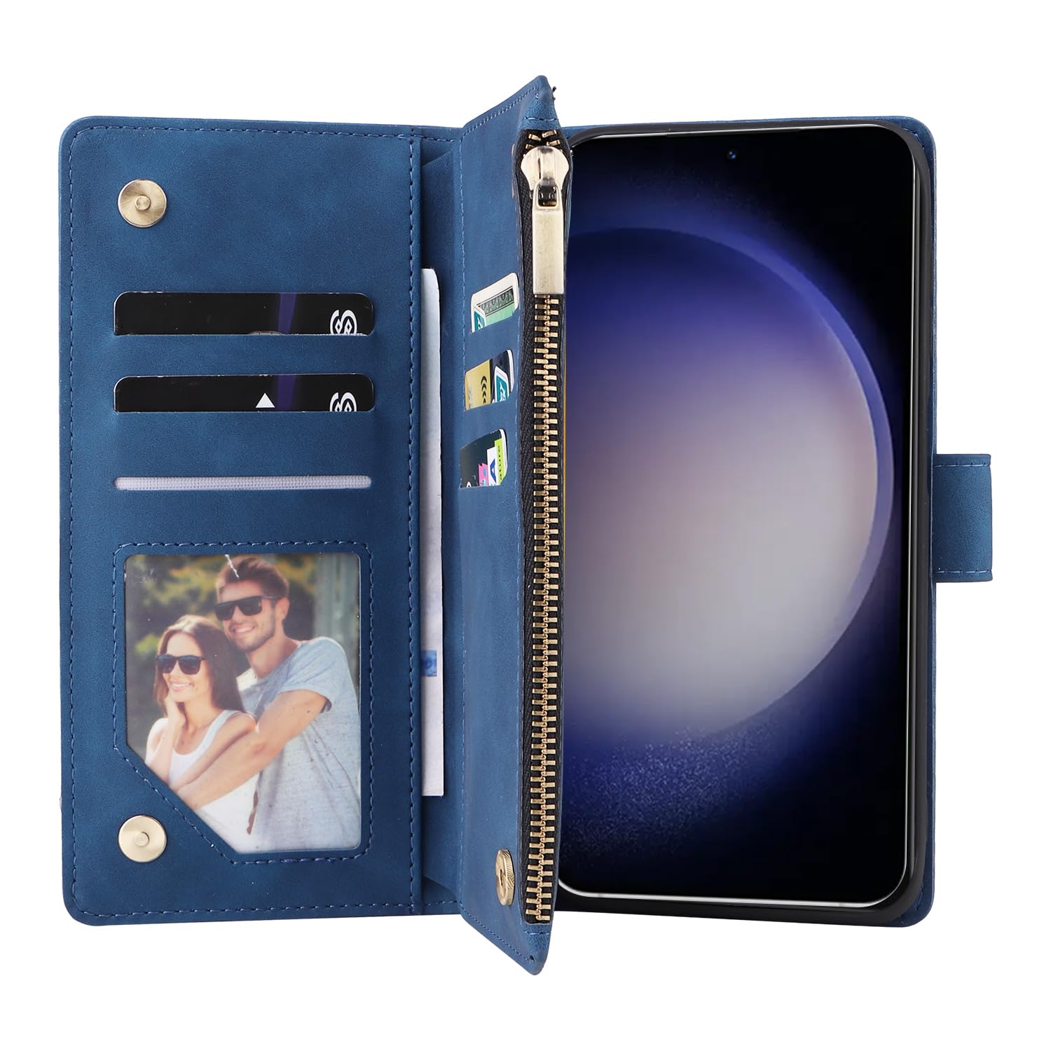 UEEBAI UEEBAI Wallet Case for Samsung Galaxy S24 5G Premium Vintage Leather Magnetic Closure Handbag Zipper Pocket Kickstand Card Holder Blue - View 2 of 7