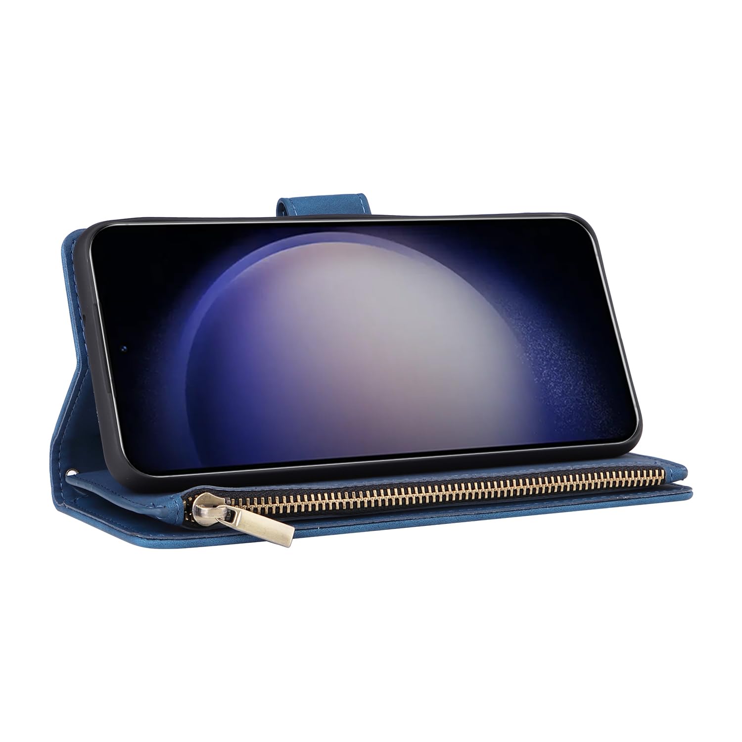 UEEBAI UEEBAI Wallet Case for Samsung Galaxy S24 5G Premium Vintage Leather Magnetic Closure Handbag Zipper Pocket Kickstand Card Holder Blue - View 3 of 7