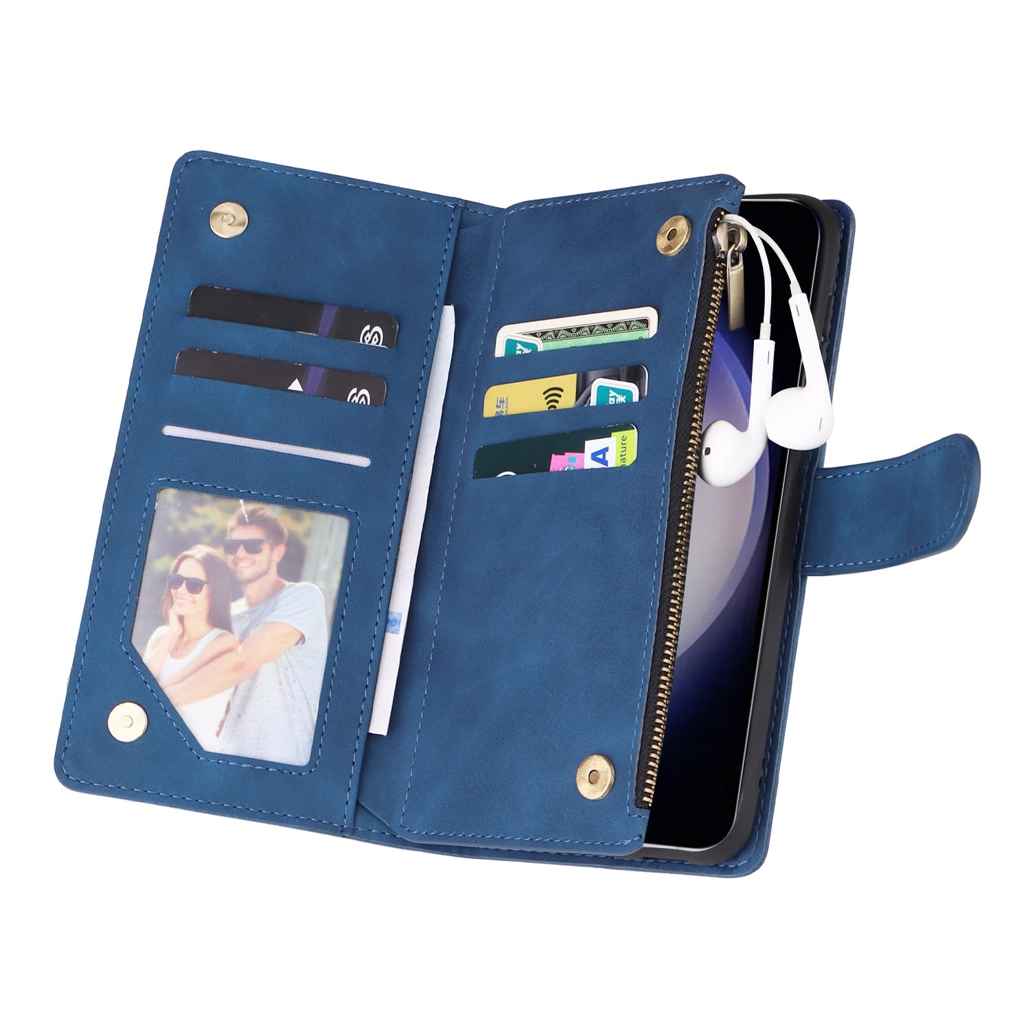 UEEBAI UEEBAI Wallet Case for Samsung Galaxy S24 5G Premium Vintage Leather Magnetic Closure Handbag Zipper Pocket Kickstand Card Holder Blue - View 5 of 7