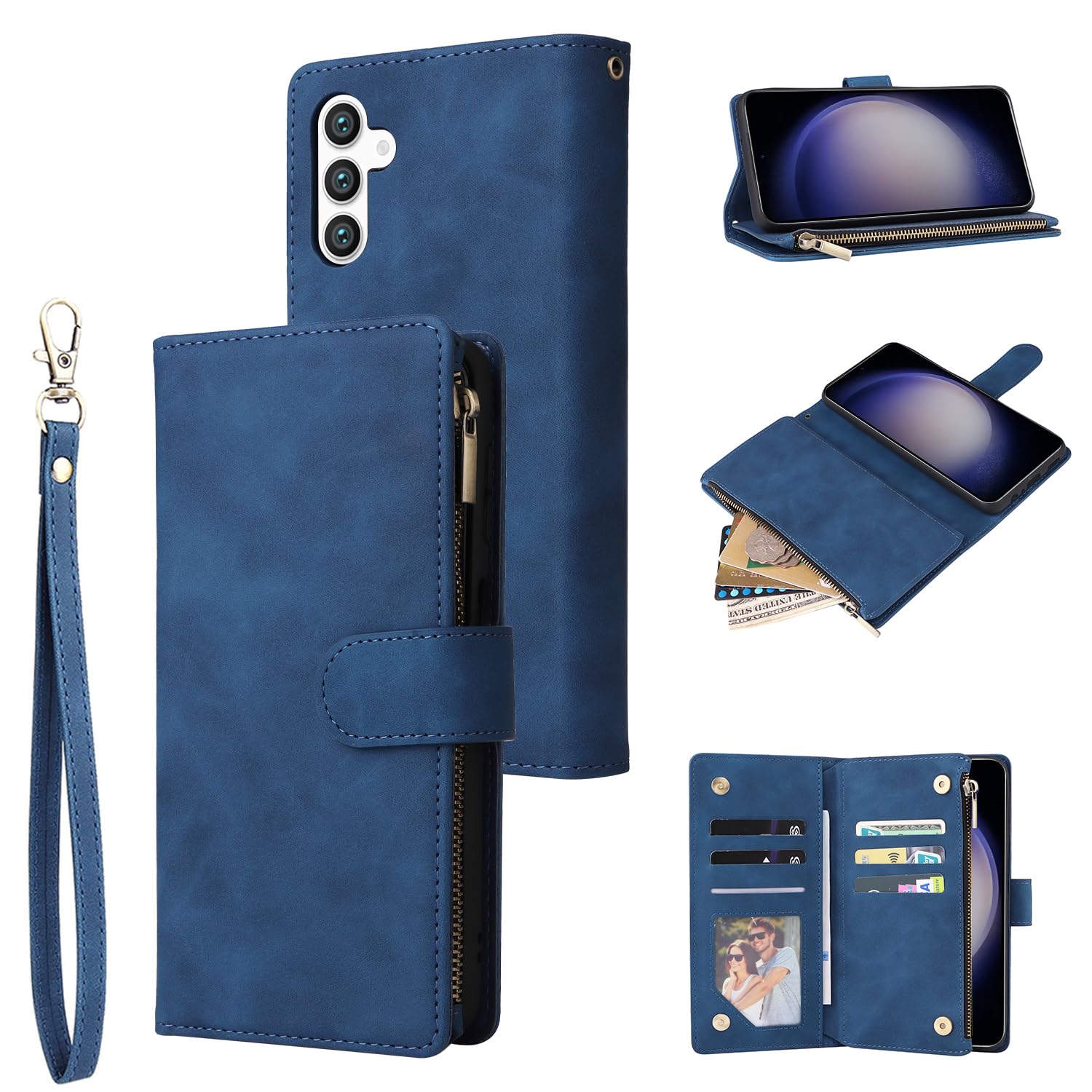 UEEBAI UEEBAI Wallet Case for Samsung Galaxy S24 5G Premium Vintage Leather Magnetic Closure Handbag Zipper Pocket Kickstand Card Holder Blue