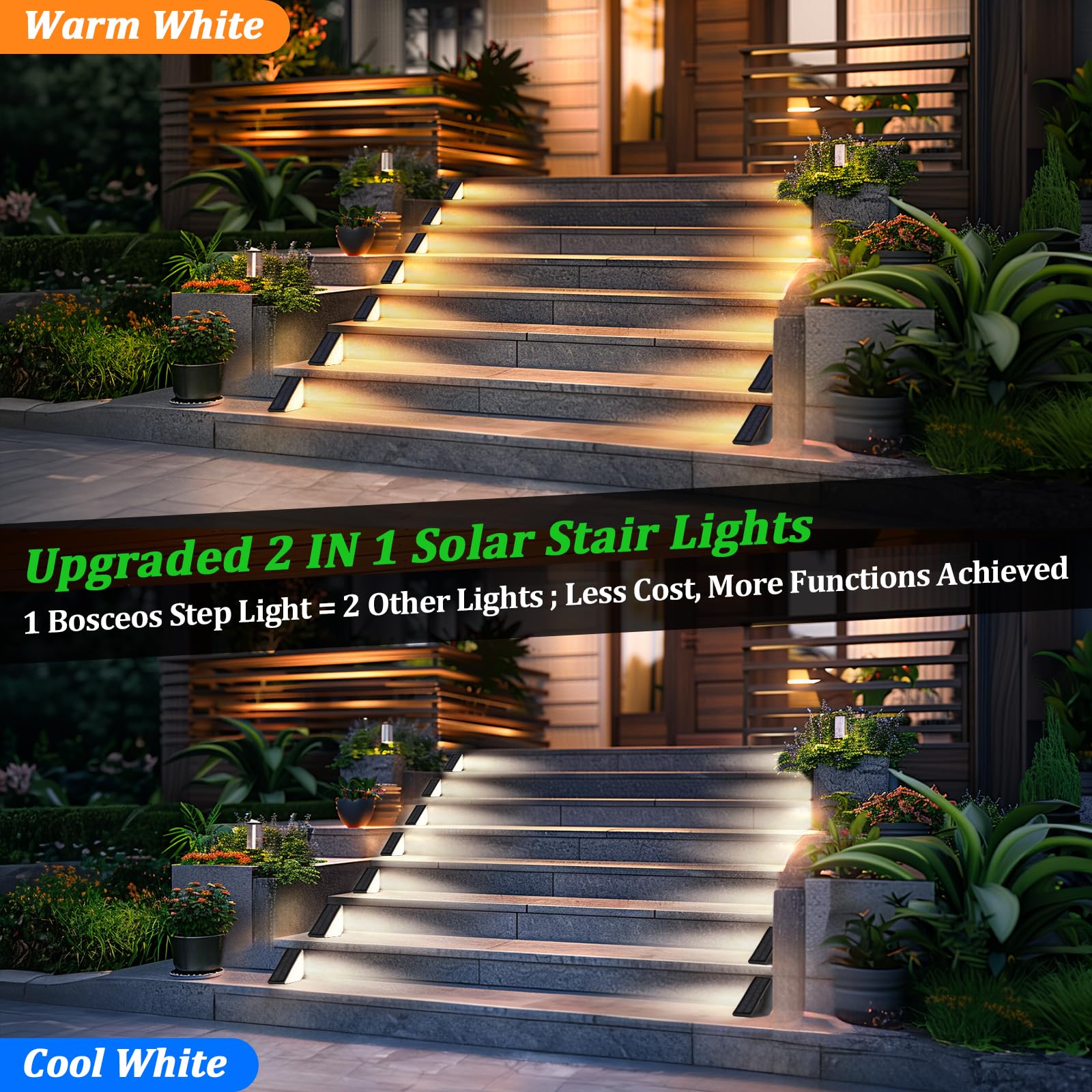 Bosceos 8-Pack Solar Stair Lights Outdoor Waterproof, Upgraded 2-in-1 LED Warm White and Cool White Solar Powered Step Light for Outside, IP67 Auto On/Off Solar Lights for Front Sidewalk Yard Patio Porch - View 3 of 7