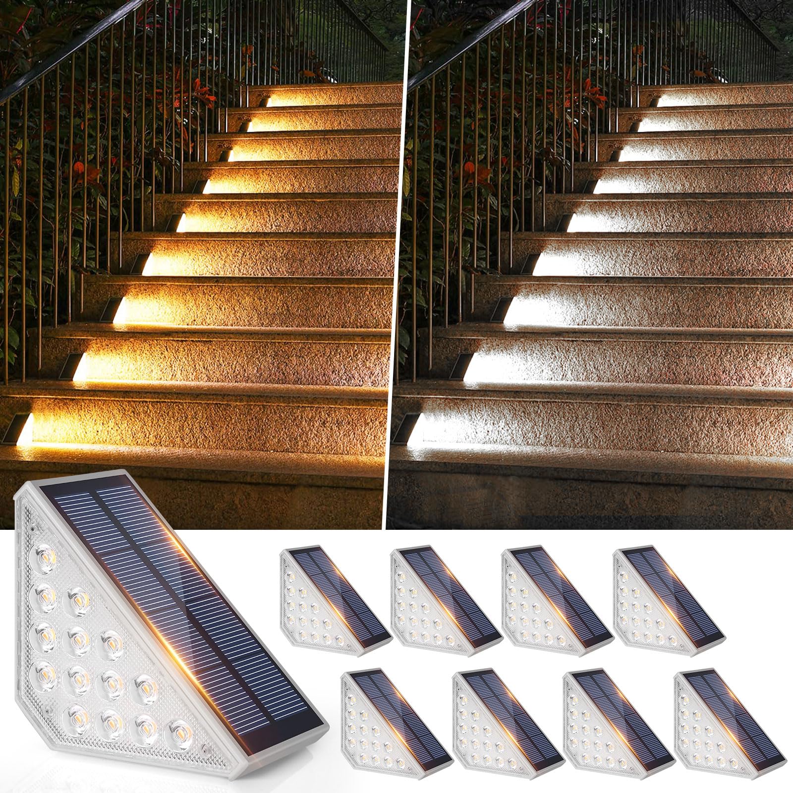 Bosceos 8-Pack Solar Stair Lights Outdoor Waterproof, Upgraded 2-in-1 LED Warm White and Cool White Solar Powered Step Light for Outside, IP67 Auto On/Off Solar Lights for Front Sidewalk Yard Patio Porch