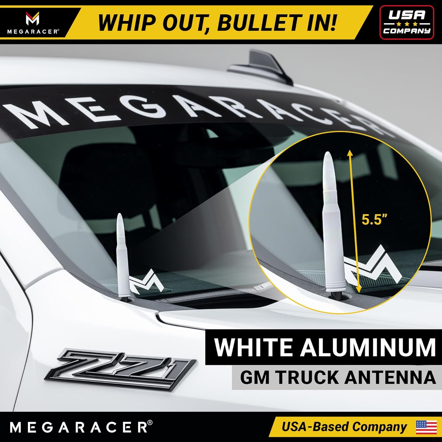 Mega Racer White 50 Cal Bullet Antenna for Silverado 1500 GMC Sierra 1999-2024 Short 5.5 Inch Truck Antenna Upgrade - View 2 of 9