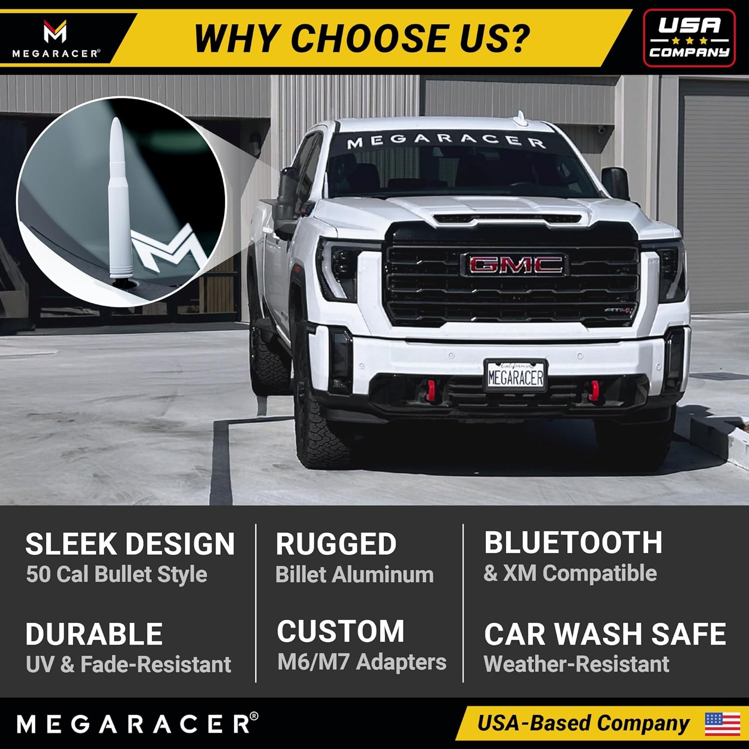 Mega Racer White 50 Cal Bullet Antenna for Silverado 1500 GMC Sierra 1999-2024 Short 5.5 Inch Truck Antenna Upgrade - View 5 of 9