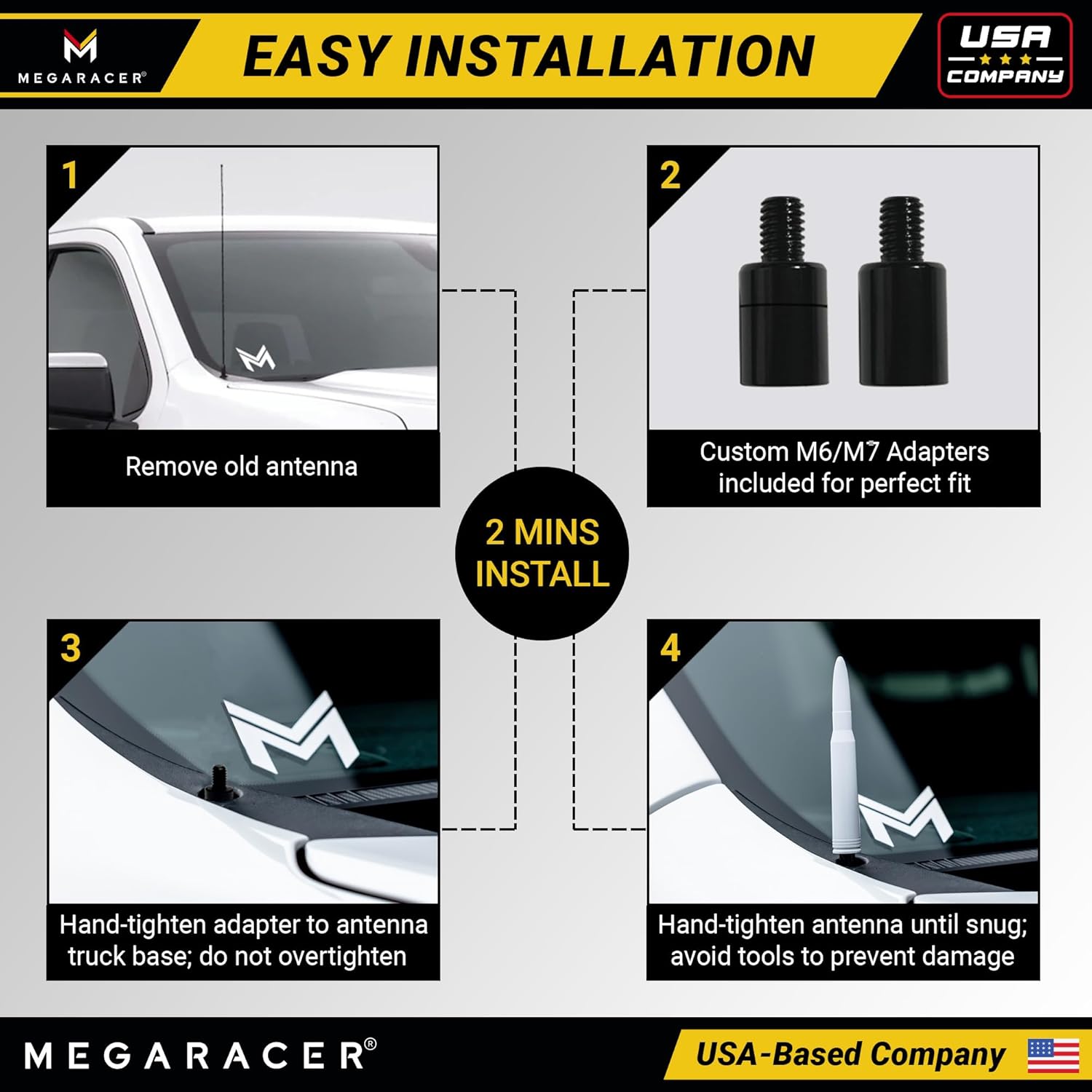 Mega Racer White 50 Cal Bullet Antenna for Silverado 1500 GMC Sierra 1999-2024 Short 5.5 Inch Truck Antenna Upgrade - View 7 of 9