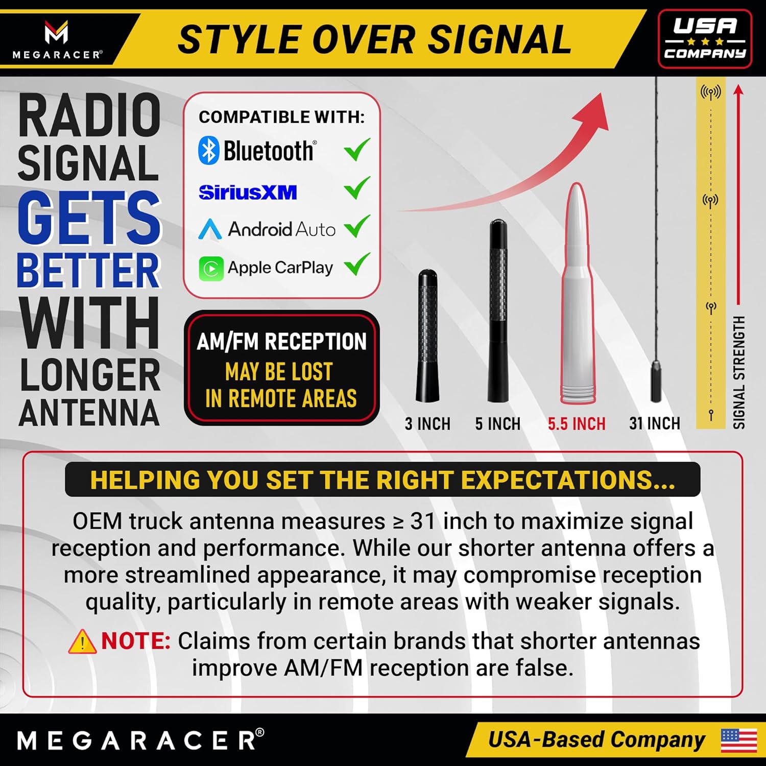 Mega Racer White 50 Cal Bullet Antenna for Silverado 1500 GMC Sierra 1999-2024 Short 5.5 Inch Truck Antenna Upgrade - View 8 of 9