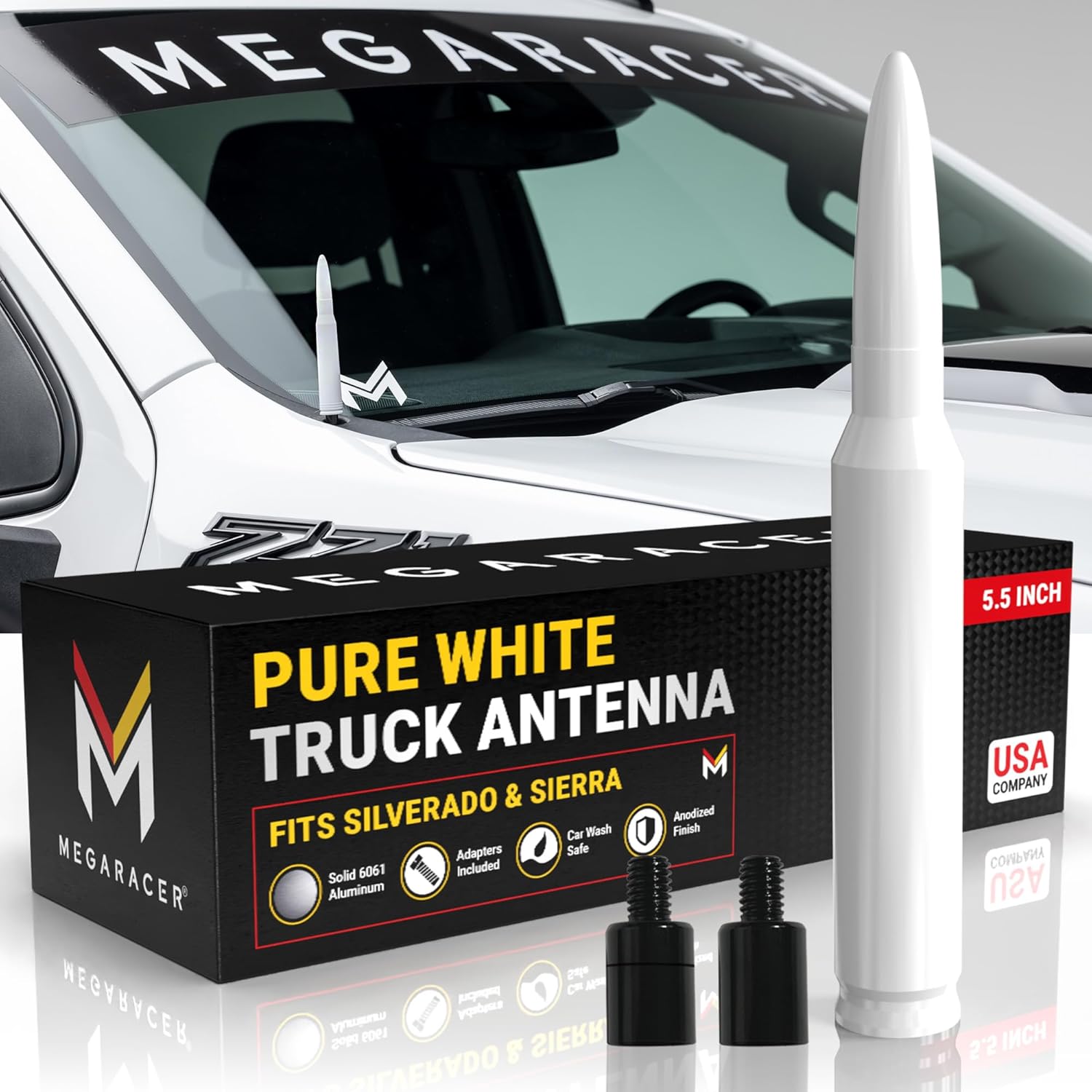 Mega Racer White 50 Cal Bullet Antenna for Silverado 1500 GMC Sierra 1999-2024 Short 5.5 Inch Truck Antenna Upgrade