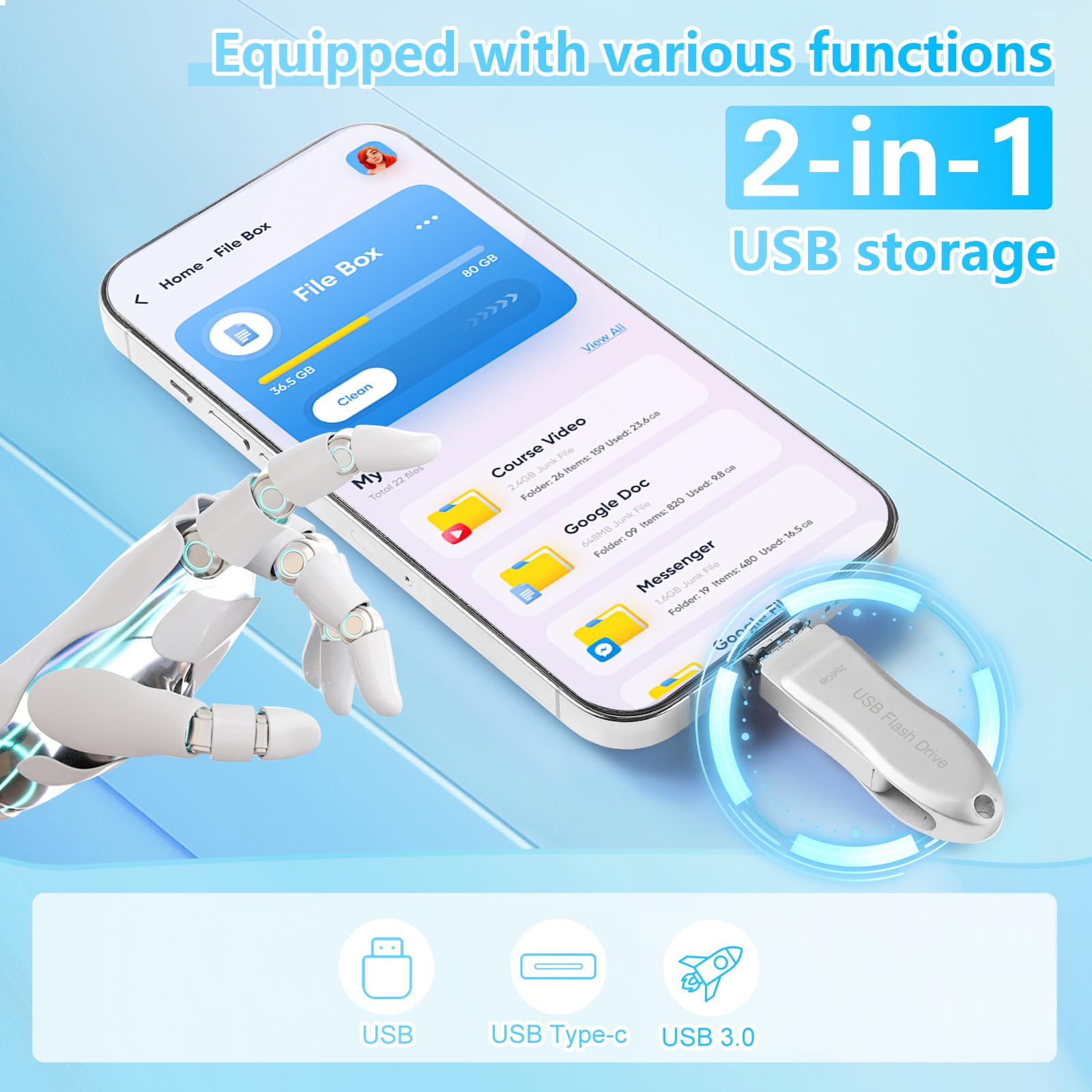 DEZOBYTE 256GB USB Flash Drive for Phone and Computer DEZOBYTE Silver Memory Stick Compatible with Android USB C and iPad Pro Photo Storage - View 3 of 4