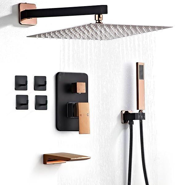 LCEVCGK LCEVCGK Matte Black and Rose Gold Shower Faucet Set with 10 Inch Rainfall Shower Head and Handheld Shower for Bathroom Wall Mounted