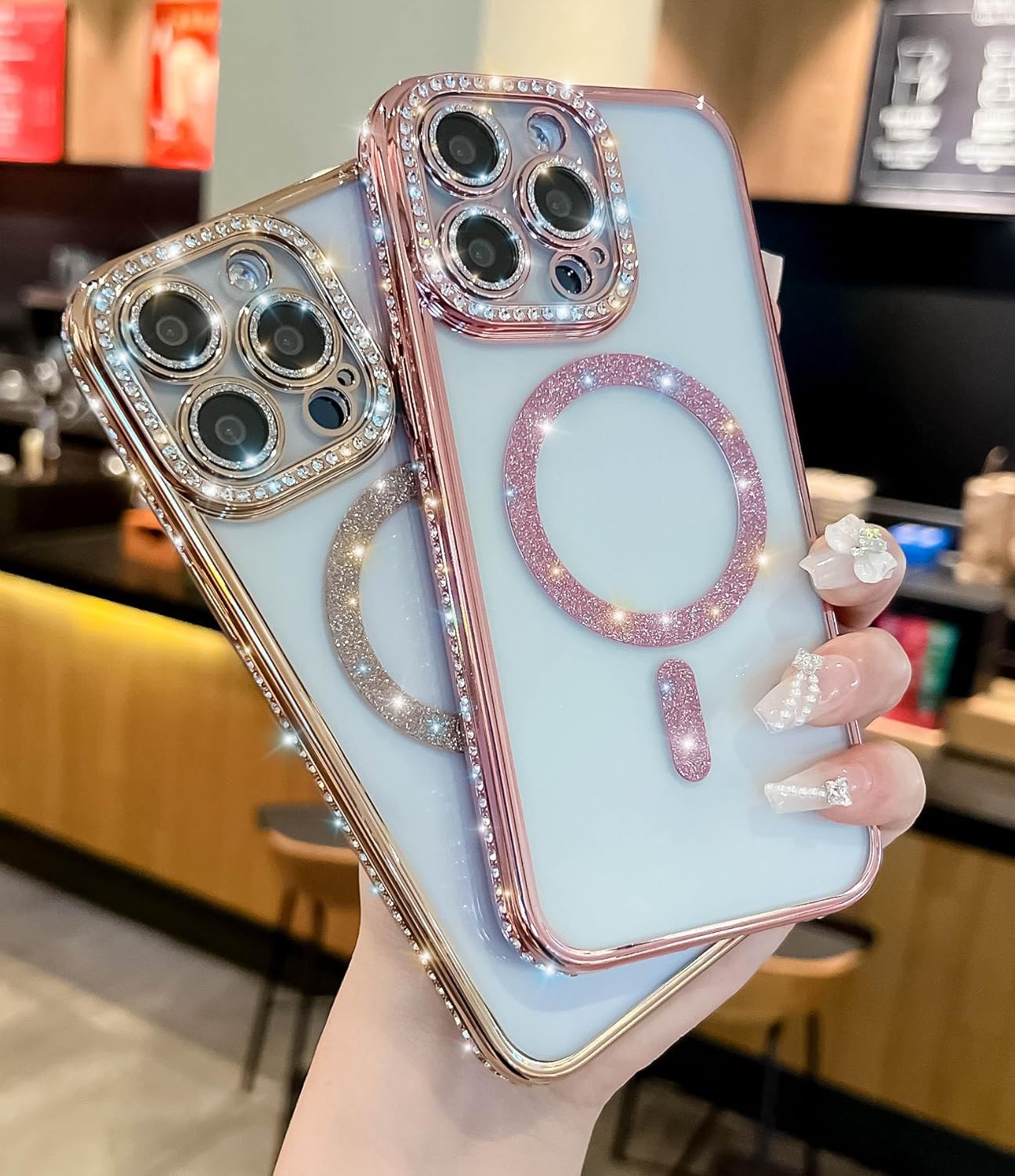 TETAW TETAW Cute Magnetic Glitter Case for iPhone 14 Plus Luxury Bling Rhinestone Bumper Compatible with MagSafe Sparkle Camera Protection Gold - View 2 of 9