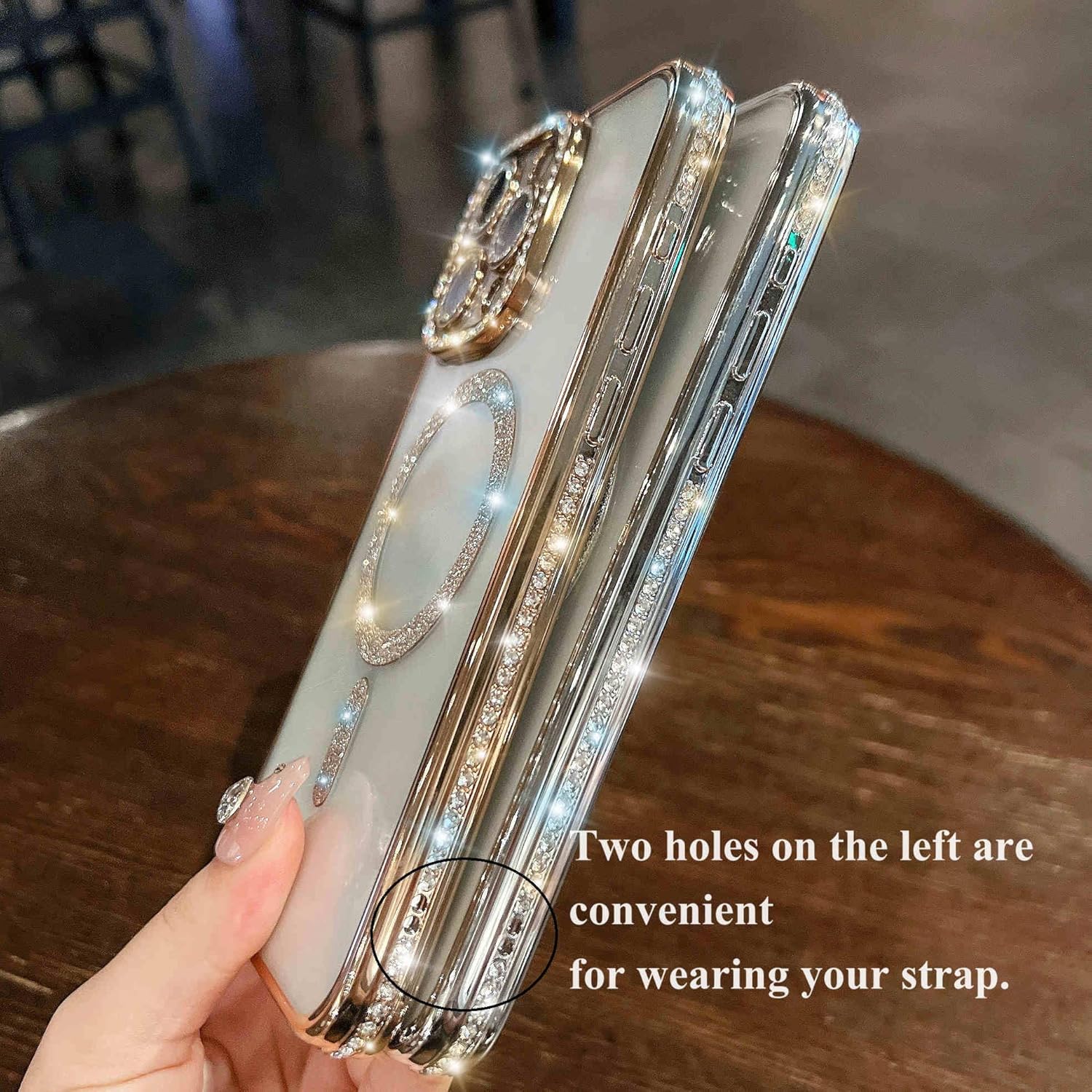 TETAW TETAW Cute Magnetic Glitter Case for iPhone 14 Plus Luxury Bling Rhinestone Bumper Compatible with MagSafe Sparkle Camera Protection Gold - View 3 of 9