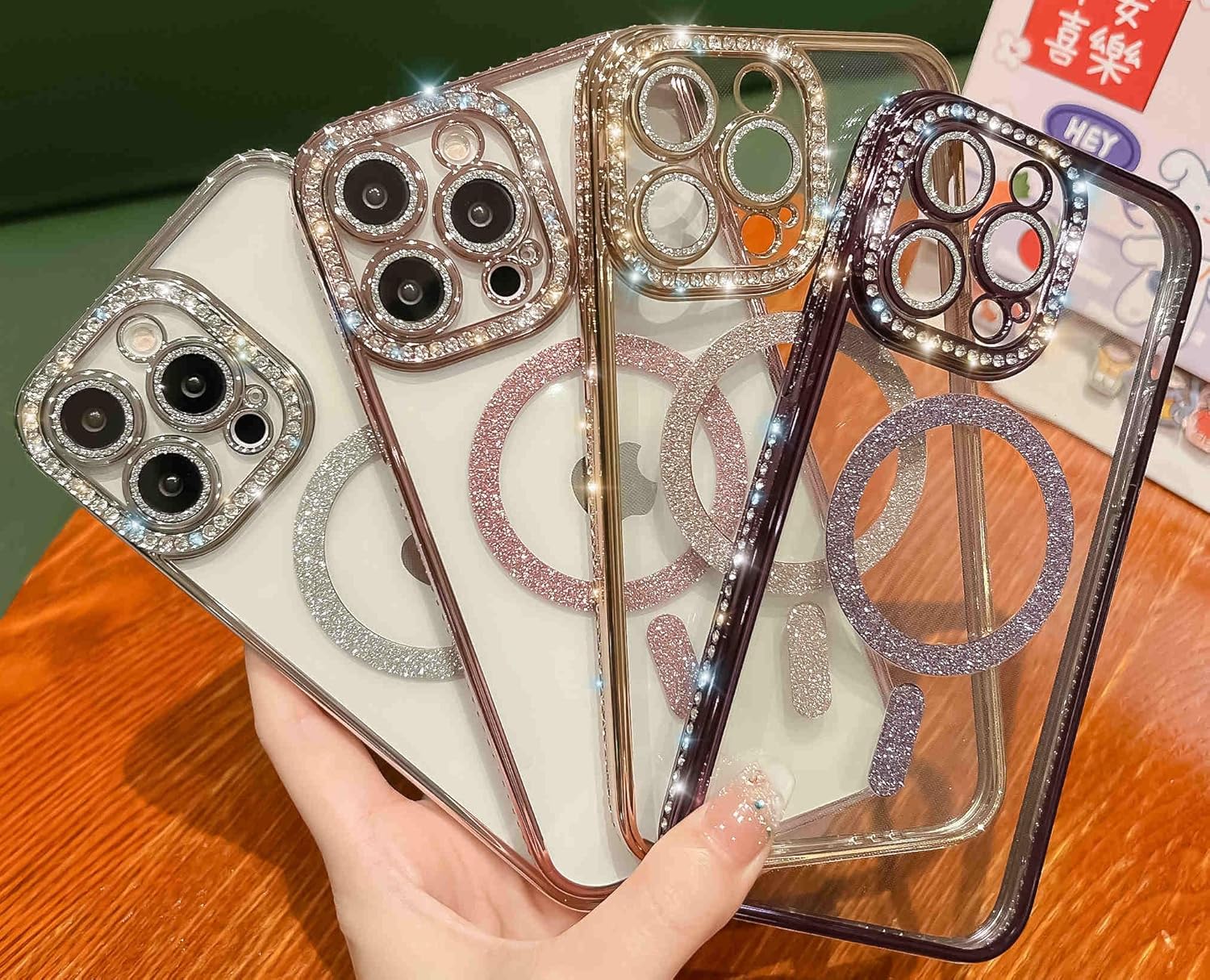 TETAW TETAW Cute Magnetic Glitter Case for iPhone 14 Plus Luxury Bling Rhinestone Bumper Compatible with MagSafe Sparkle Camera Protection Gold - View 5 of 9