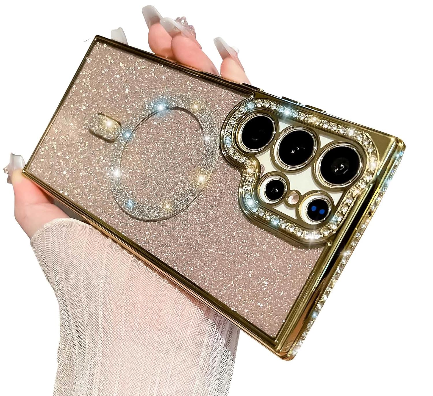 TETAW TETAW Cute Magnetic Glitter Case for iPhone 14 Plus Luxury Bling Rhinestone Bumper Compatible with MagSafe Sparkle Camera Protection Gold - View 7 of 9