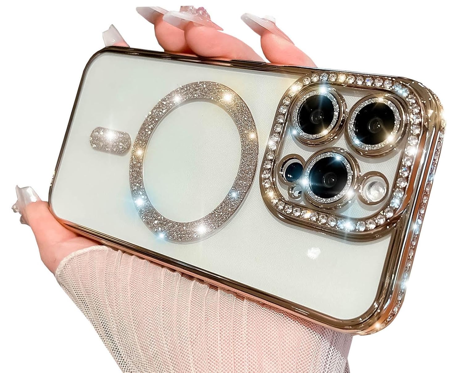 TETAW TETAW Cute Magnetic Glitter Case for iPhone 14 Plus Luxury Bling Rhinestone Bumper Compatible with MagSafe Sparkle Camera Protection Gold