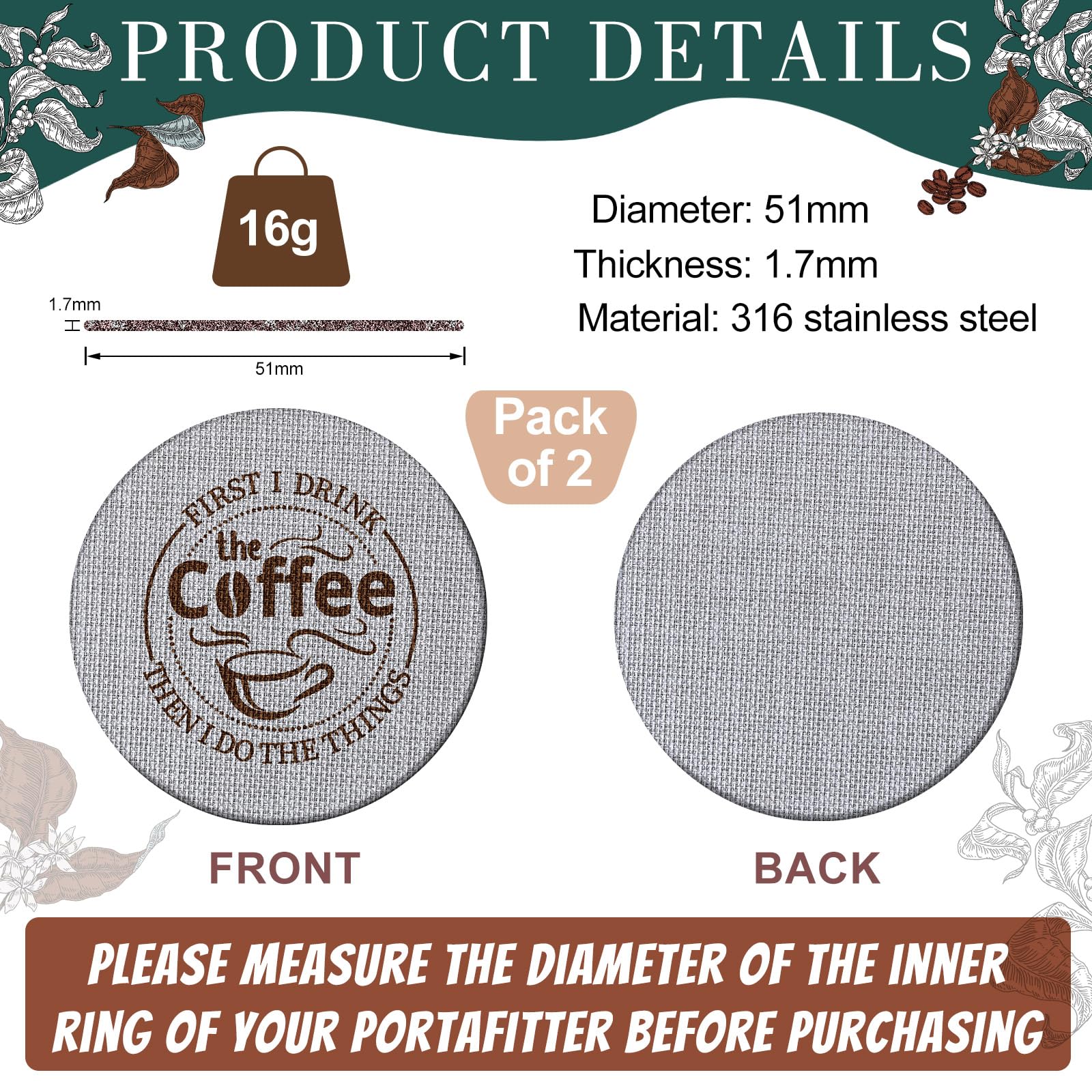 Yaomiao Yaomiao 2 Pieces 51mm Espresso Puck Screen Reusable Stainless Steel Coffee Filter Mesh for Bottomless Portafilter and Filter Basket - View 2 of 7