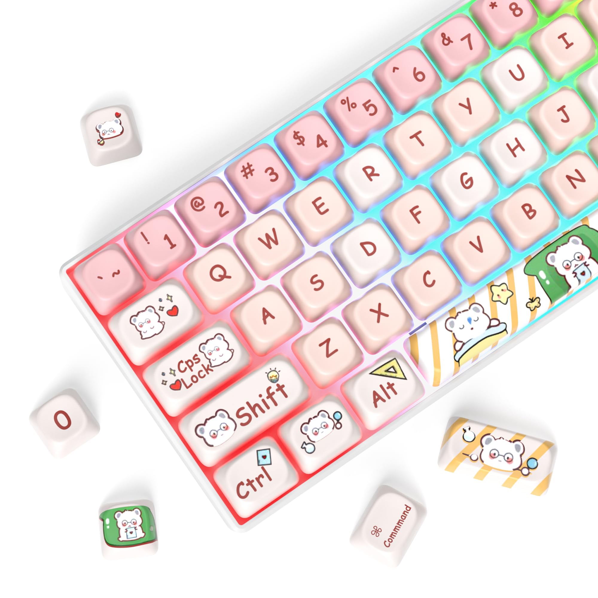 Ussixchare Ussixchare PBT Keycaps Set MOA Profile Dye-Sublimation Cute Custom Keycaps for 60% 75% 100% Cherry MX Mechanical Gaming Keyboard Pink Bear