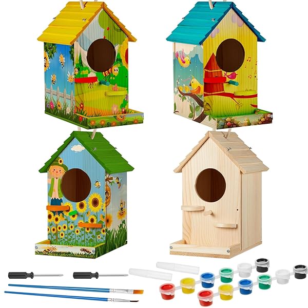 Liliful Liliful 4 Pack Birdhouse Kit DIY Wooden Bird House Arts and Crafts Painting Kits for All Ages Indoor Outdoor Fun