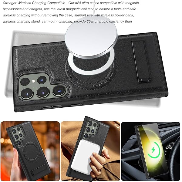 Lunivop Lunivop Leather Case for Samsung Galaxy S24 Ultra Compatible with Magsafe Wireless Charging Rugged Magnetic Cover Stand Black 2024 - View 4 of 8