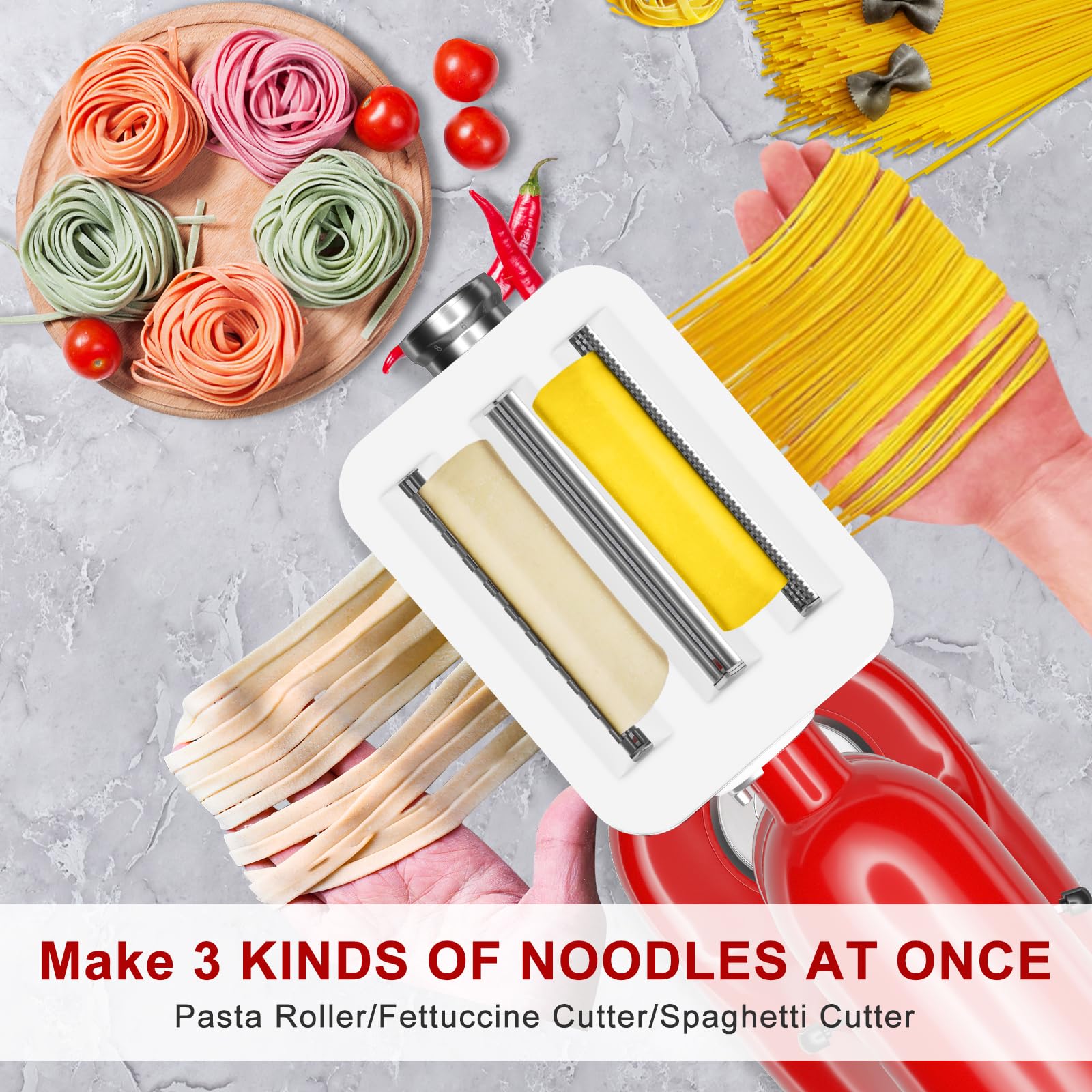 AIKAMI AIKAMI Metal Pasta Maker Attachment for Kitchenaid Stand Mixers 3 in 1 Set with Roller Spaghetti Cutter Fettuccine Cutter and Cleaning Brush - View 8 of 9