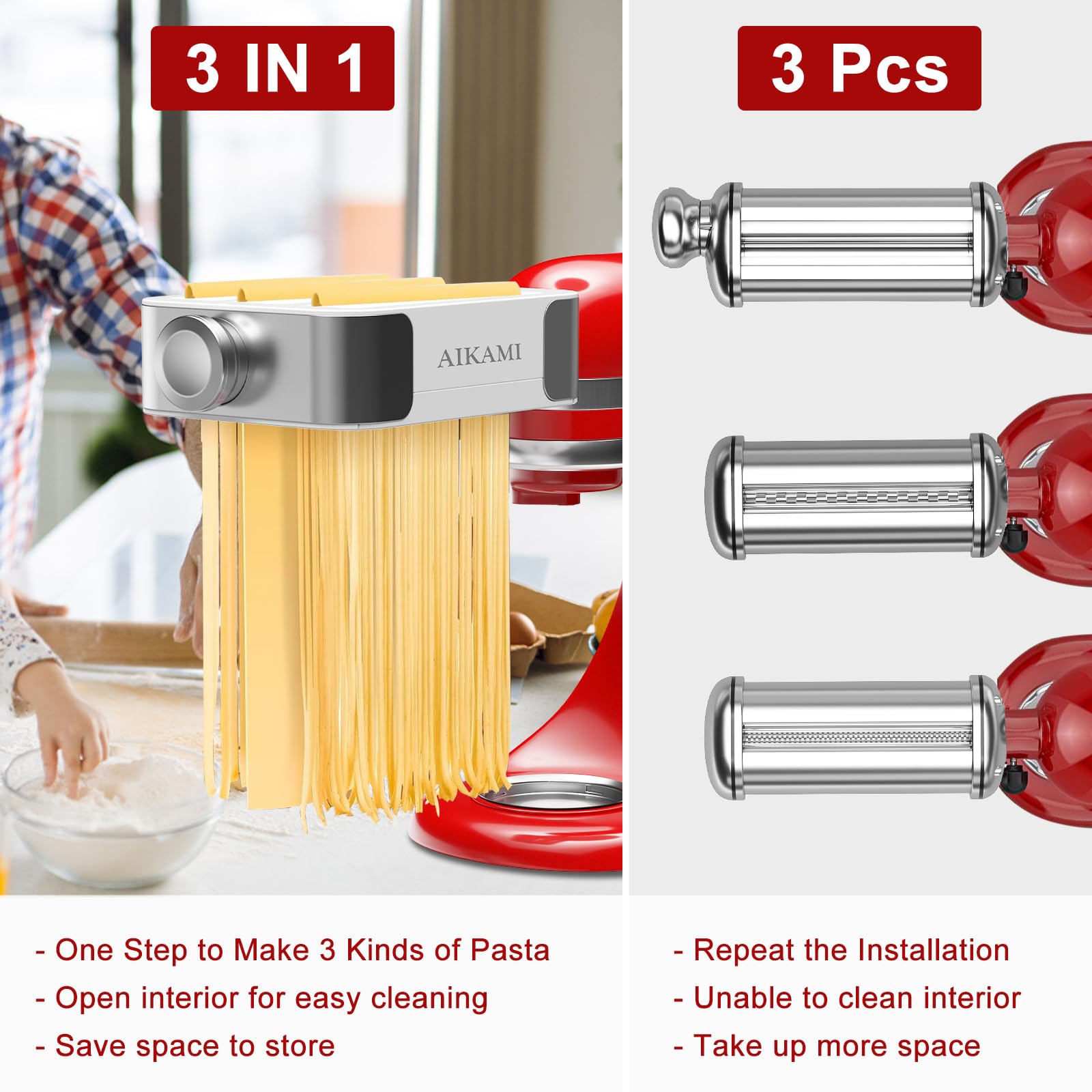 AIKAMI AIKAMI Metal Pasta Maker Attachment for Kitchenaid Stand Mixers 3 in 1 Set with Roller Spaghetti Cutter Fettuccine Cutter and Cleaning Brush - View 9 of 9