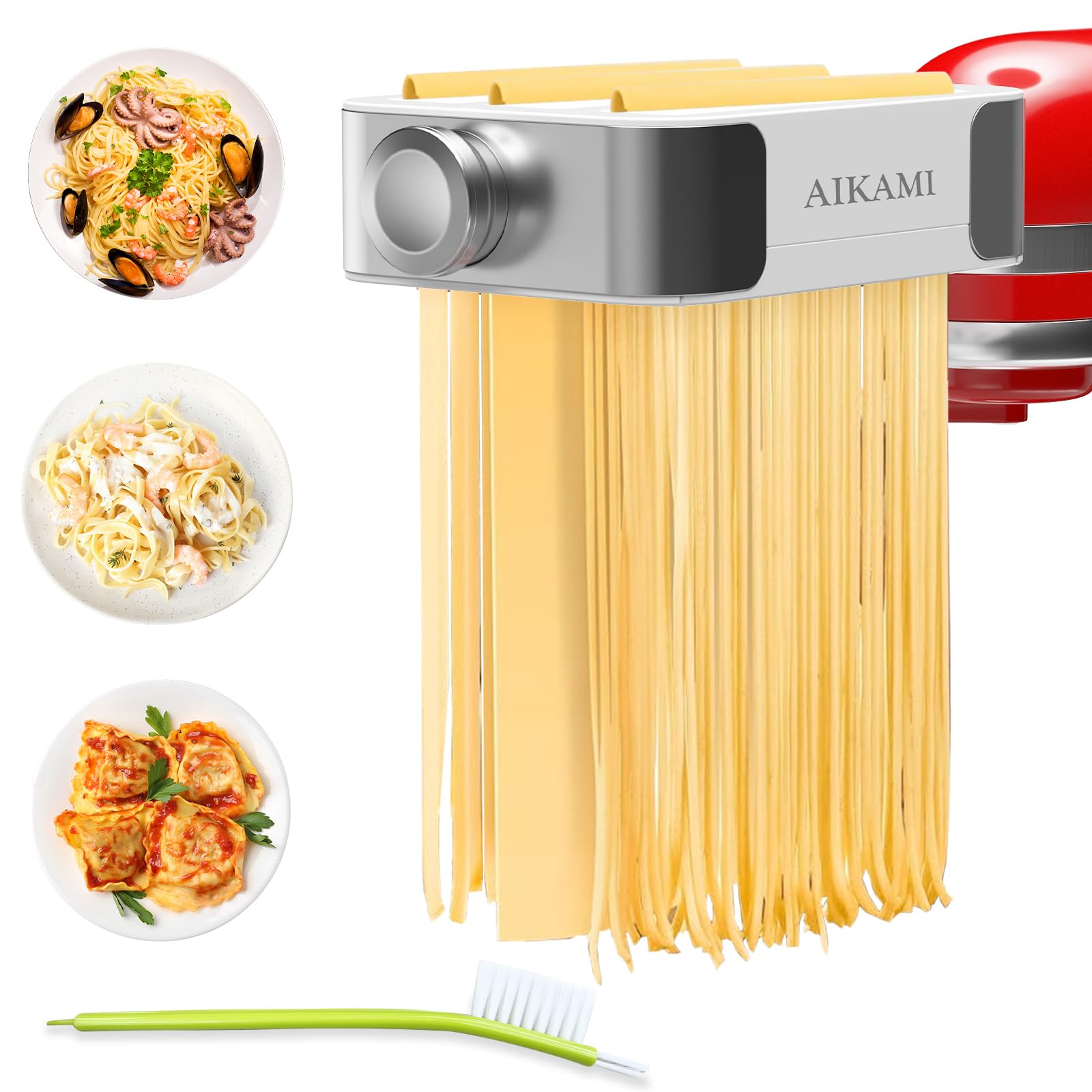 AIKAMI AIKAMI Metal Pasta Maker Attachment for Kitchenaid Stand Mixers 3 in 1 Set with Roller Spaghetti Cutter Fettuccine Cutter and Cleaning Brush