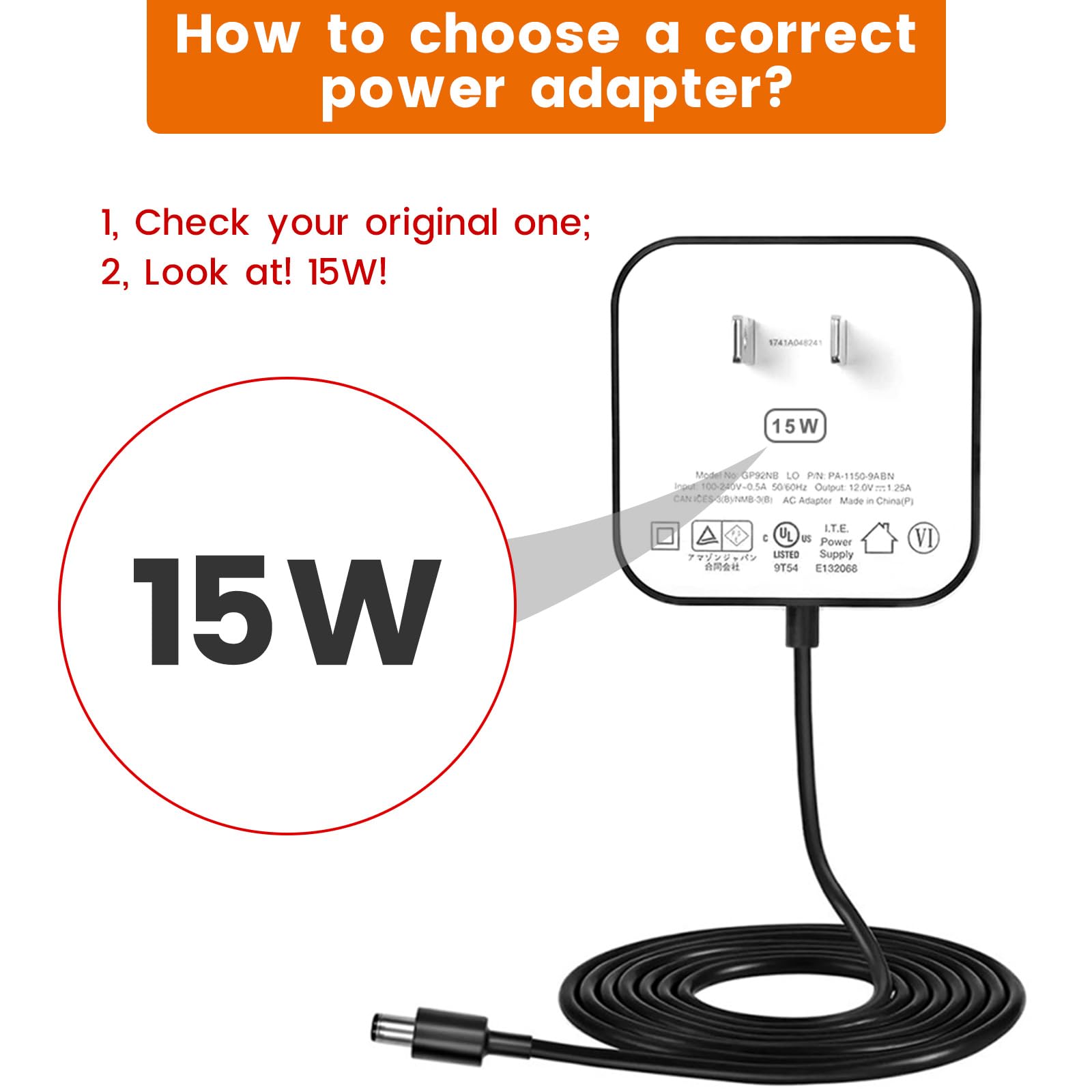 weishan 15W Power Adapter Replacement for Echo Pop and Dot Generations with 5ft Long Cable Black Charger Cord Plug - View 2 of 7