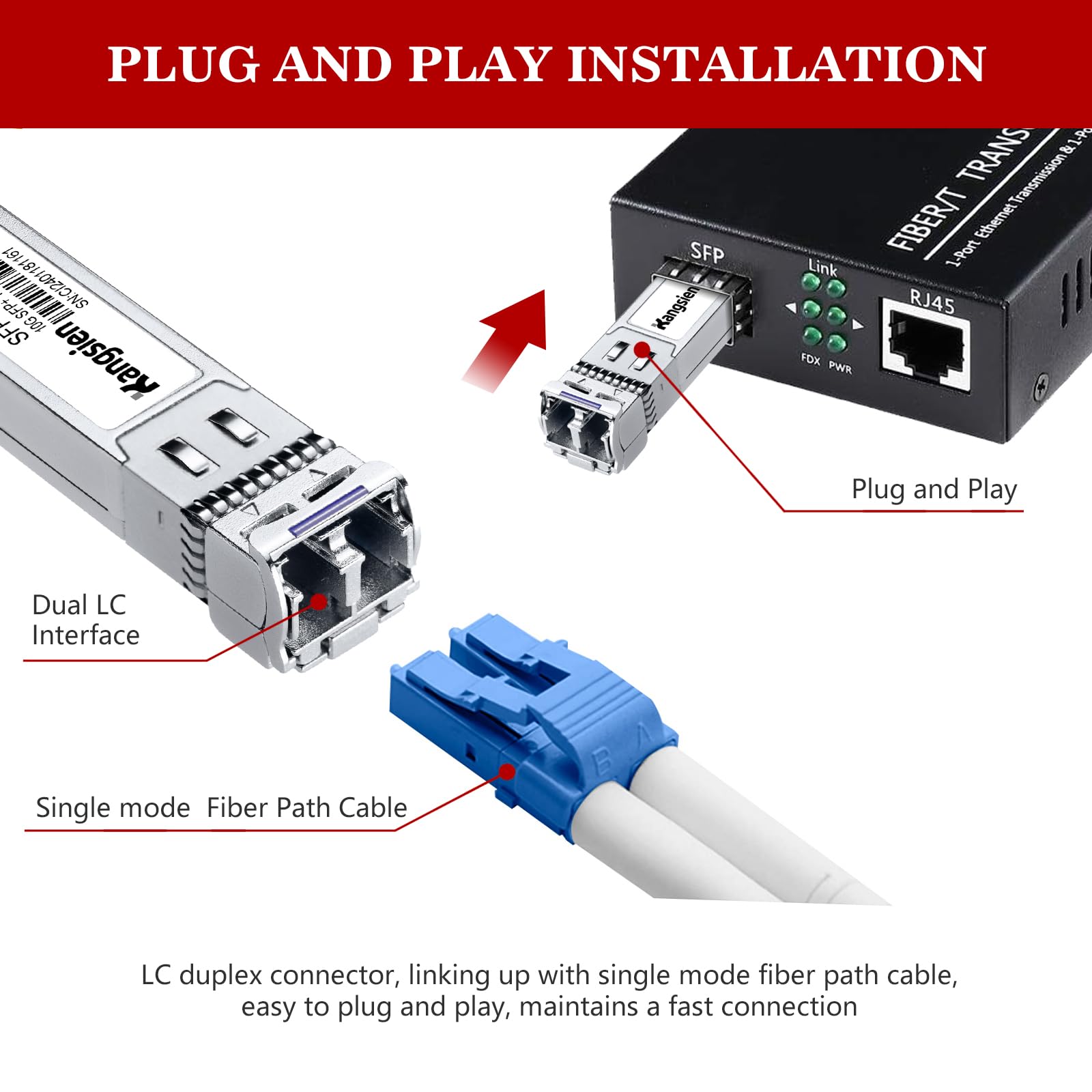 Kangsien 10GBASE-LR SFP Plus Module 10G 1310nm Single Mode Fiber Optic Transceiver Up to 10km Range Compatible with Cisco Meraki Ubiquiti Mikrotik Fortinet TP-Link 4 Pack - View 4 of 7