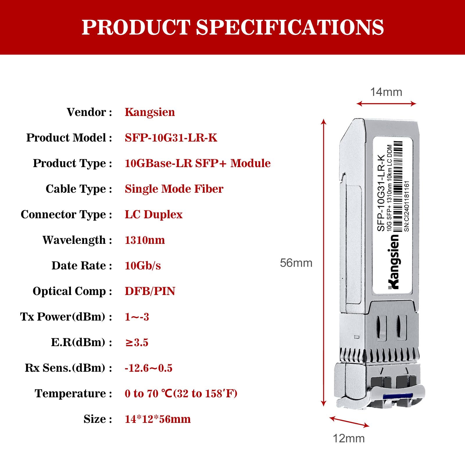 Kangsien 10GBASE-LR SFP Plus Module 10G 1310nm Single Mode Fiber Optic Transceiver Up to 10km Range Compatible with Cisco Meraki Ubiquiti Mikrotik Fortinet TP-Link 4 Pack - View 7 of 7