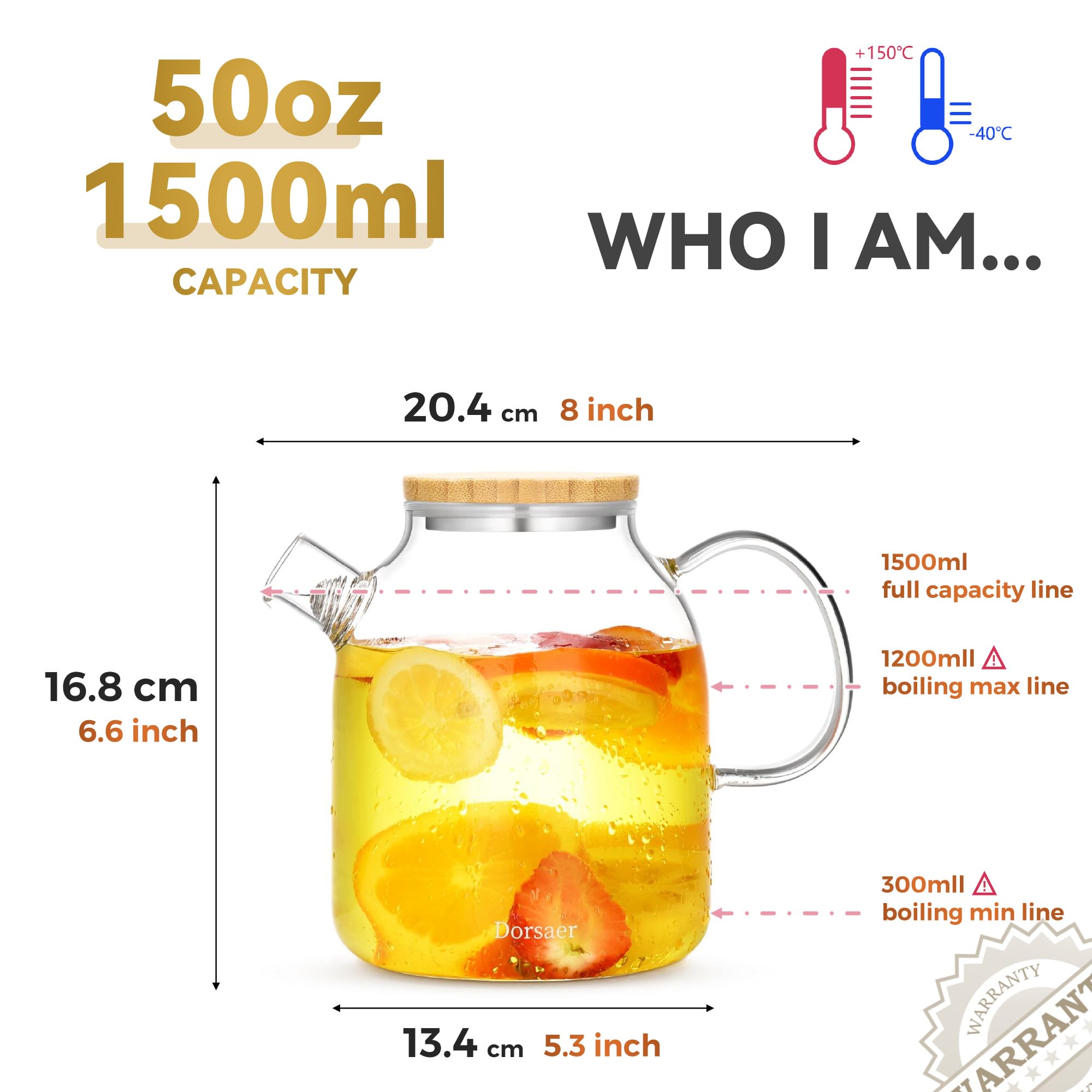 Dorsaer Dorsaer 1500ml Glass Teapot with Bamboo Lid Stovetop Safe Borosilicate Glass Kettle for Blooming Fruit Loose Leaf Tea - View 6 of 8