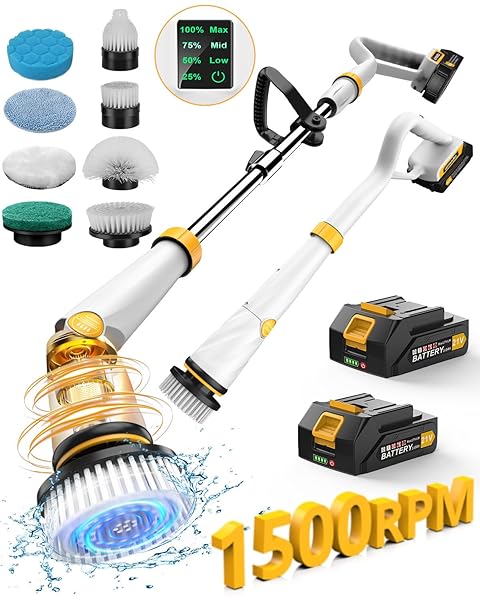 qimedo Qimedo Q2 Pro Electric Spin Scrubber with Two Batteries High Power 1500 RPM Cordless Cleaning Brush for Tub Tile Floor with Display and 8 Brushes
