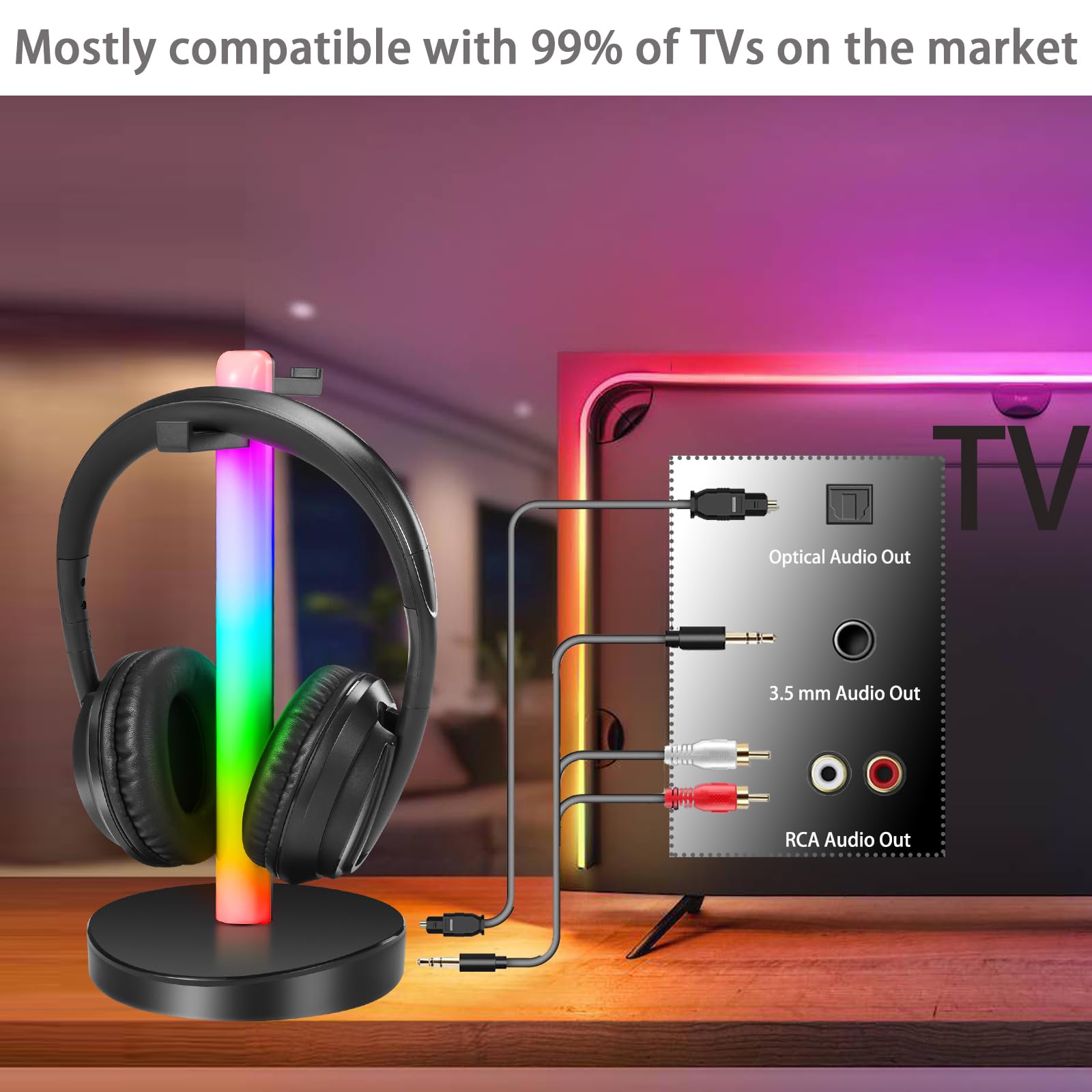 ZANCHIE Wireless Headphones for TV Watching Over Ear with RF Transmitter and RGB Stand Long Range No Delay Plug n Play - View 5 of 9