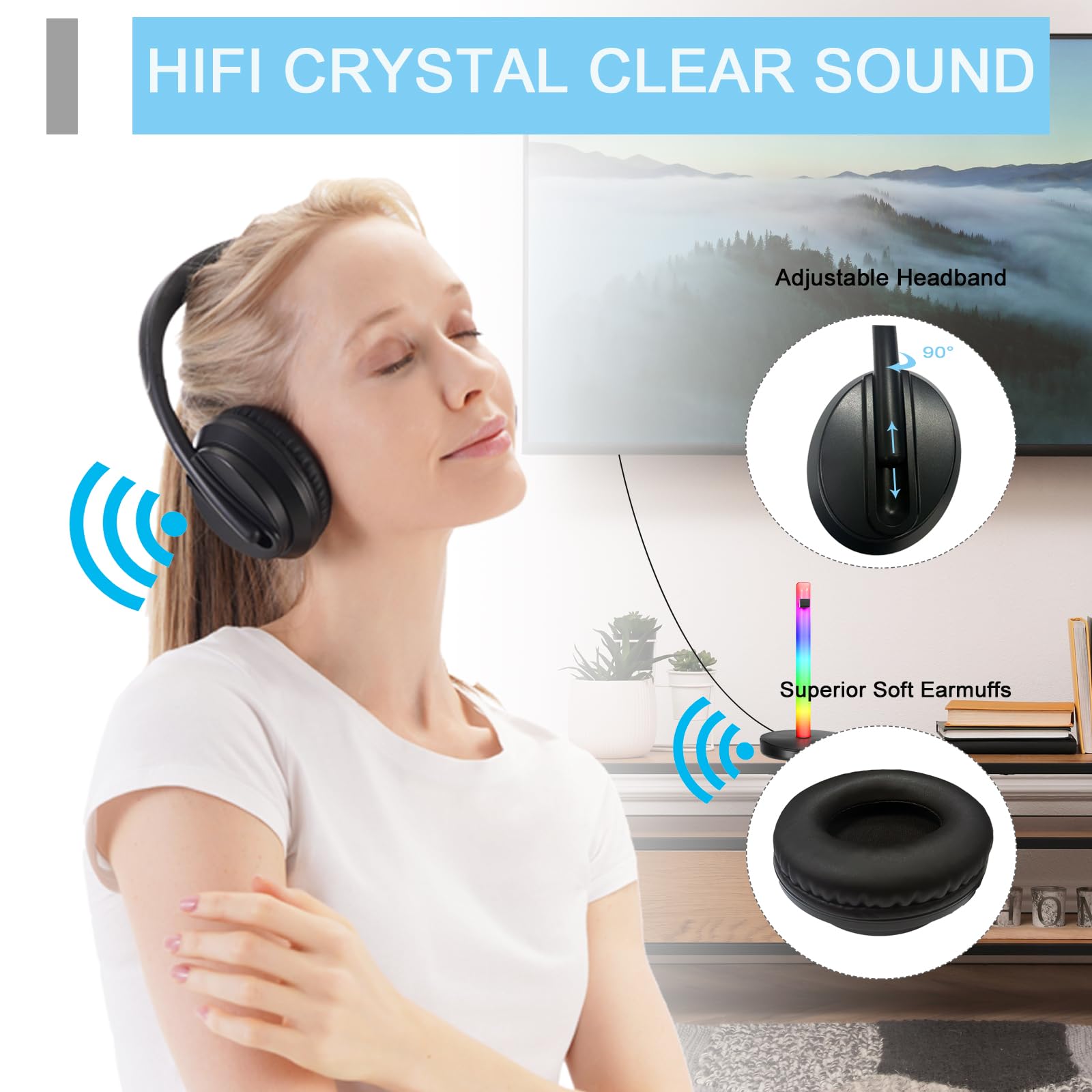 ZANCHIE Wireless Headphones for TV Watching Over Ear with RF Transmitter and RGB Stand Long Range No Delay Plug n Play - View 9 of 9