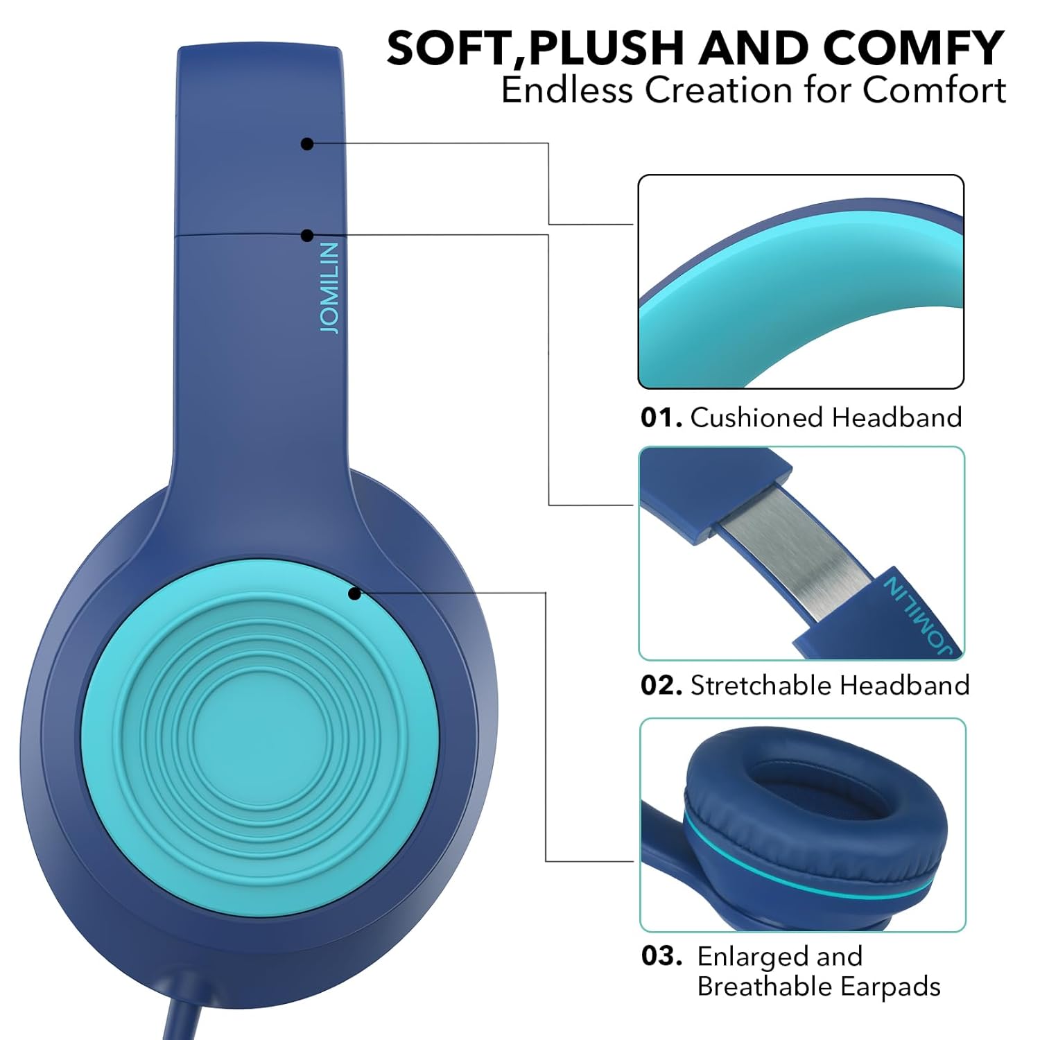 JOMILIN JOMILIN A8 Lightweight Wired Over-Ear Headphones with Microphone Portable Design for Smartphone Tablet and Computer Blue - View 4 of 7