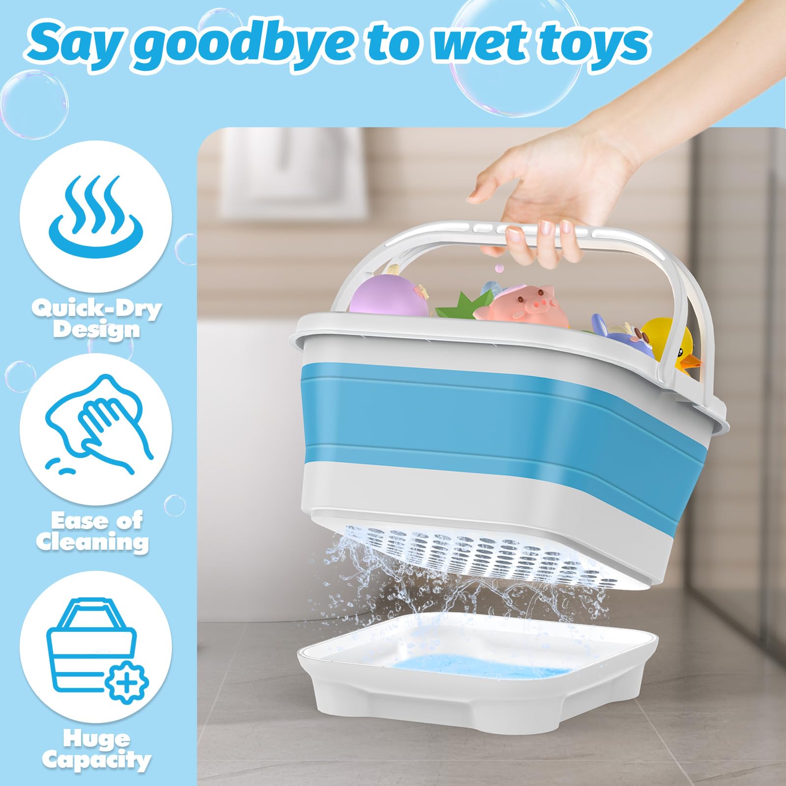 ANIVIA Anivia Foldable Bath Toy Storage Organizer with Removable Base Quick Drain Drying Basket for Kids Bathroom Shower Toys Blue - View 2 of 7