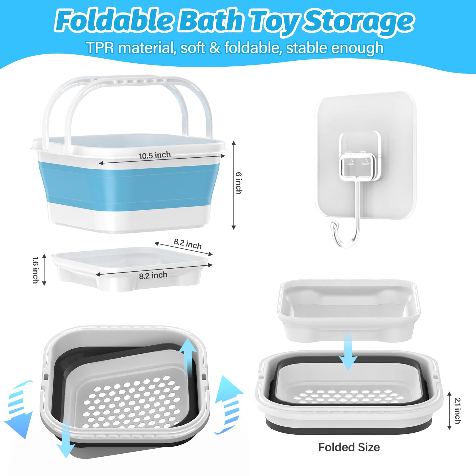 ANIVIA Anivia Foldable Bath Toy Storage Organizer with Removable Base Quick Drain Drying Basket for Kids Bathroom Shower Toys Blue - View 3 of 7