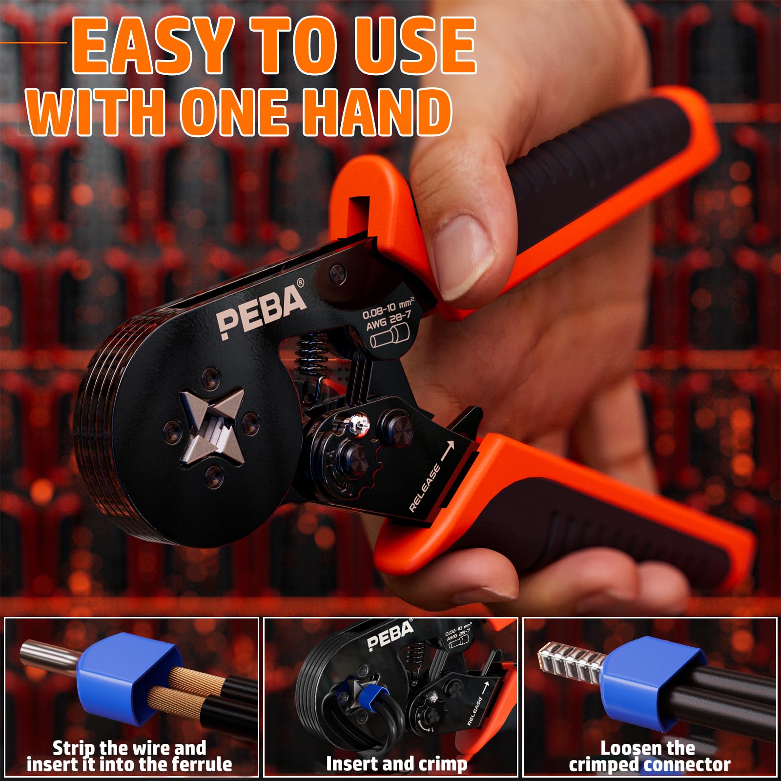 PEBA PEBA Ferrule Crimping Tool Kit Self-Adjusting Square Pliers for AWG 24-8 with 21 Sizes Insulated Wire Ferrules Terminals - View 2 of 9