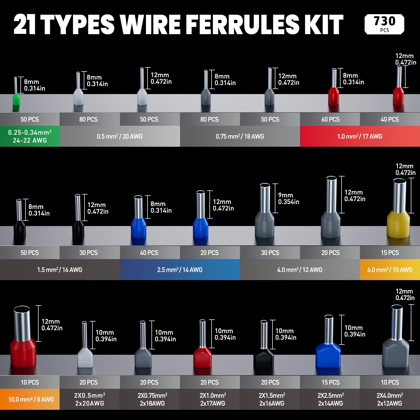 PEBA PEBA Ferrule Crimping Tool Kit Self-Adjusting Square Pliers for AWG 24-8 with 21 Sizes Insulated Wire Ferrules Terminals - View 3 of 9