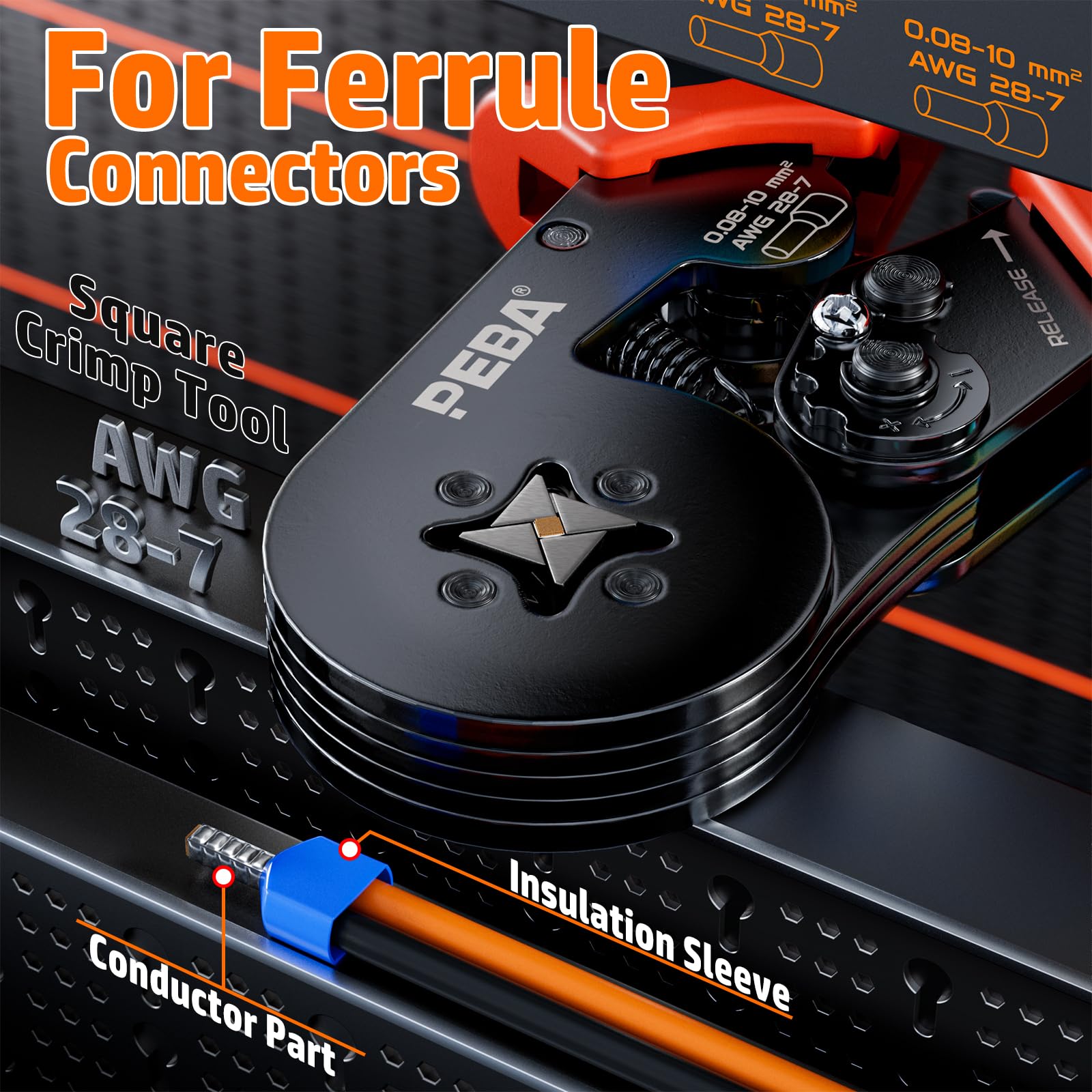 PEBA PEBA Ferrule Crimping Tool Kit Self-Adjusting Square Pliers for AWG 24-8 with 21 Sizes Insulated Wire Ferrules Terminals - View 8 of 9