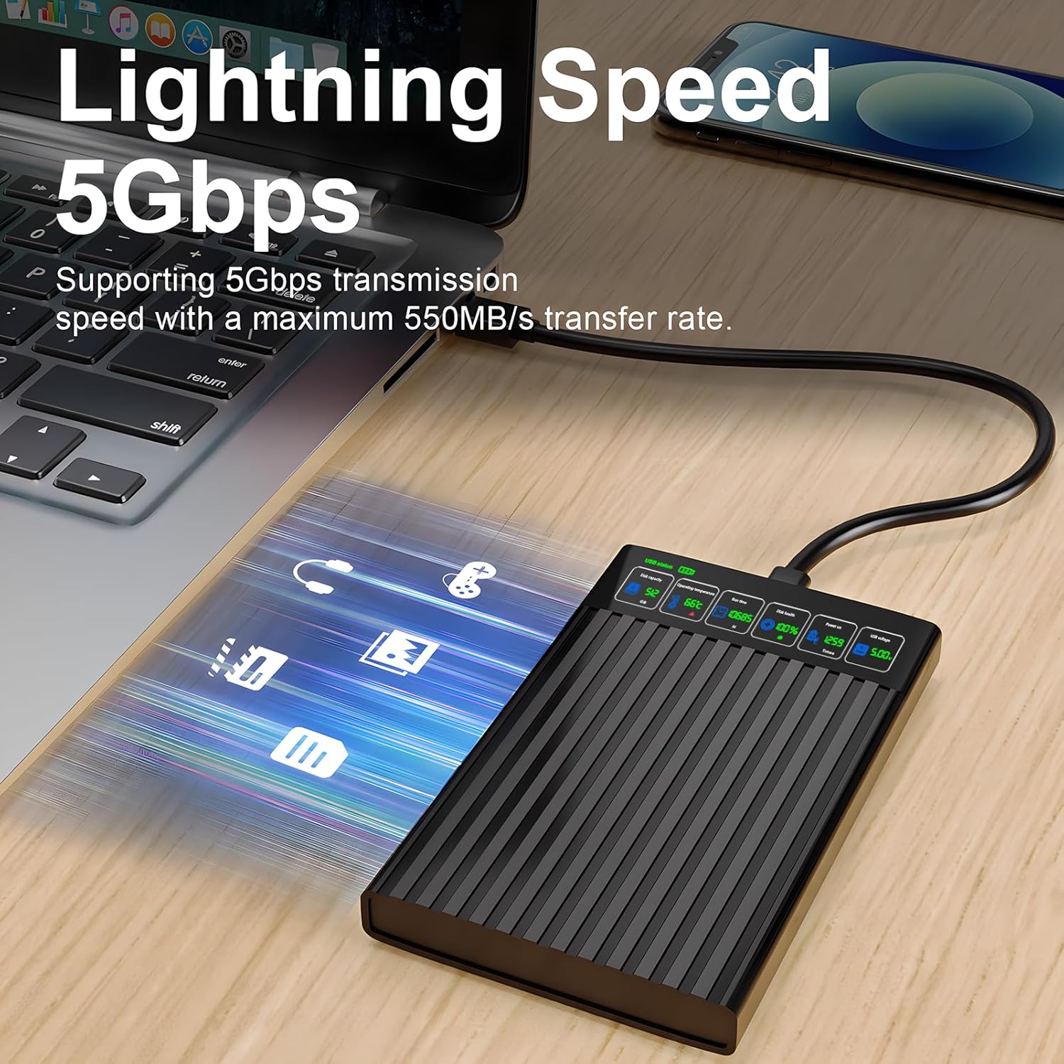 ShuoLe ShuoLe 2.5 Inch SATA to USB 3.0 Type C External Hard Drive Enclosure with LCD Display for 2.5 Inch SATA HDD SSD Compatible with Toshiba Samsung WD - View 4 of 9