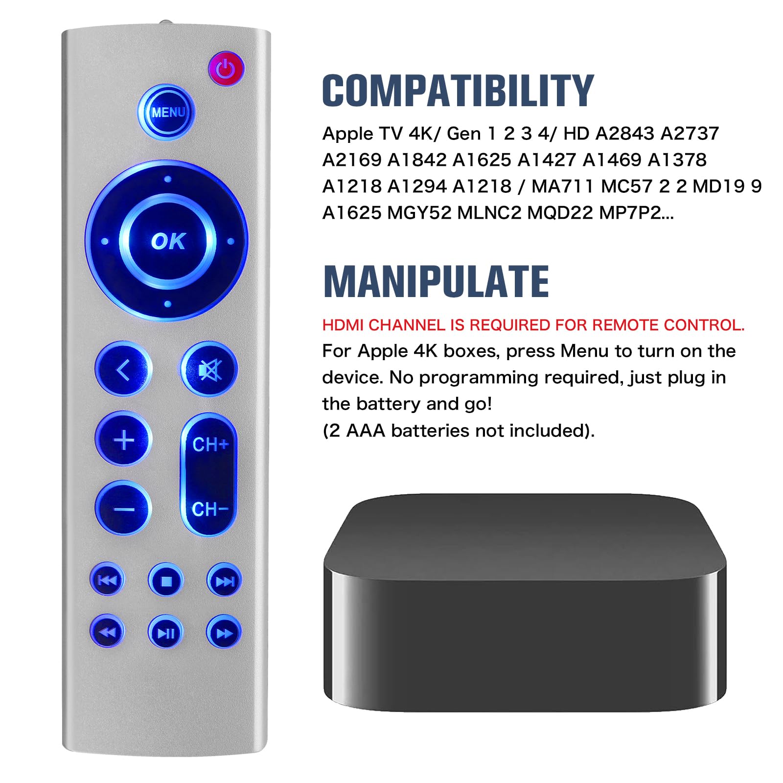 dapodera Universal Replacement Remote for Apple TV 4K Gen 1 2 3 4 Pack of 2 No Voice No Siri Blue Backlight - View 4 of 9