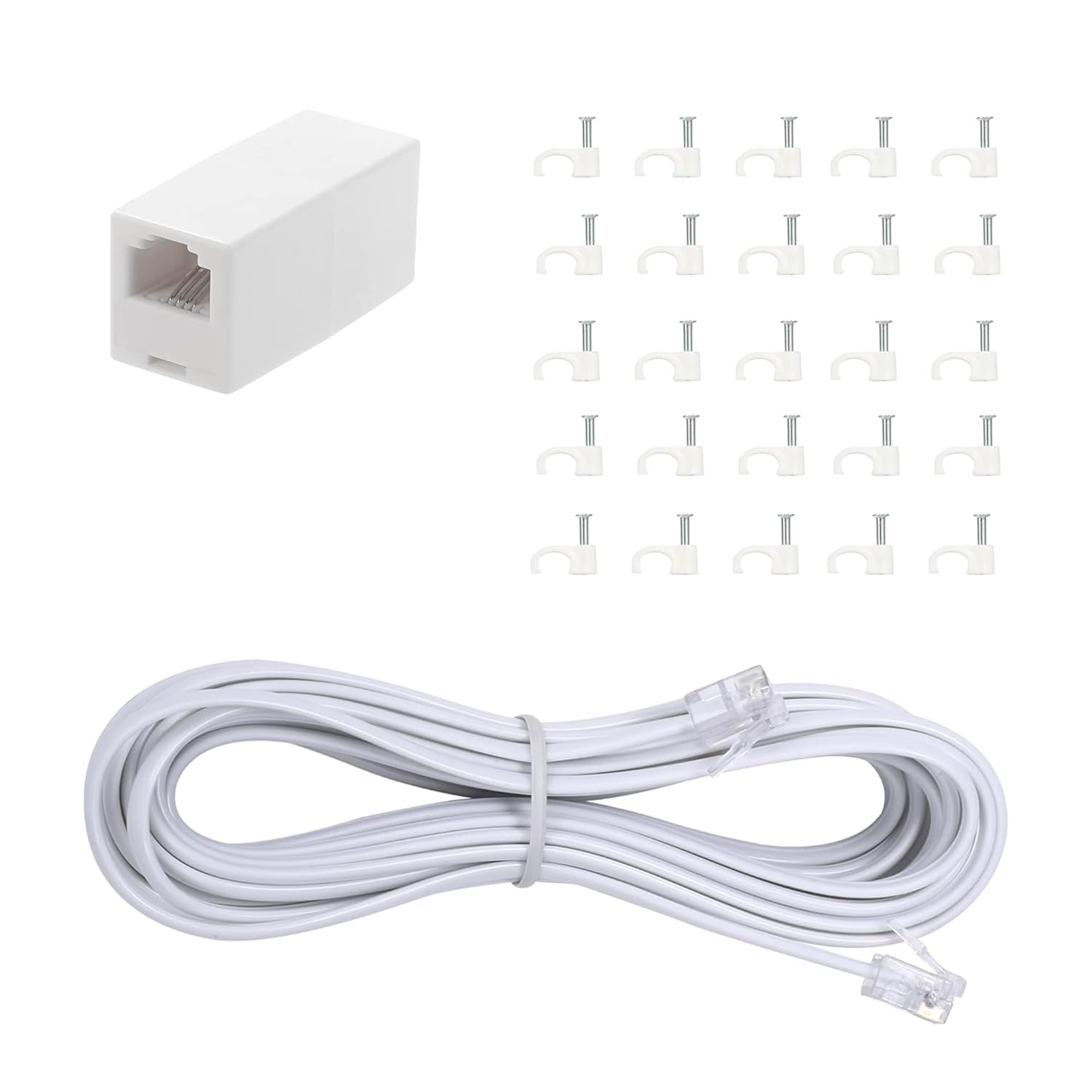 Yumiwoow Yumiwoow 25FT Telephone Extension Cord with RJ11 Plug In-Line Couplers and Cable Clip Holders White 1Pack