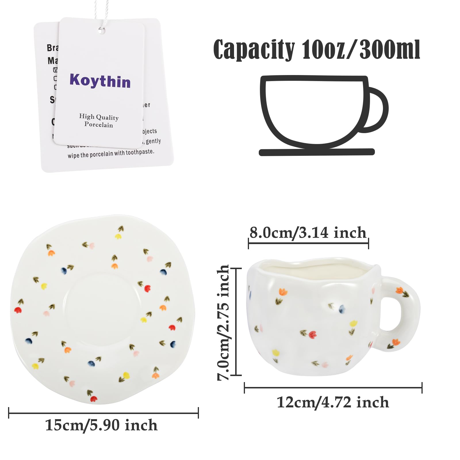 Koythin Koythin Cute Pink Ceramic Coffee Mug with Saucer 10 oz Dishwasher Microwave Safe for Office Home Colorful Tulips - View 2 of 9