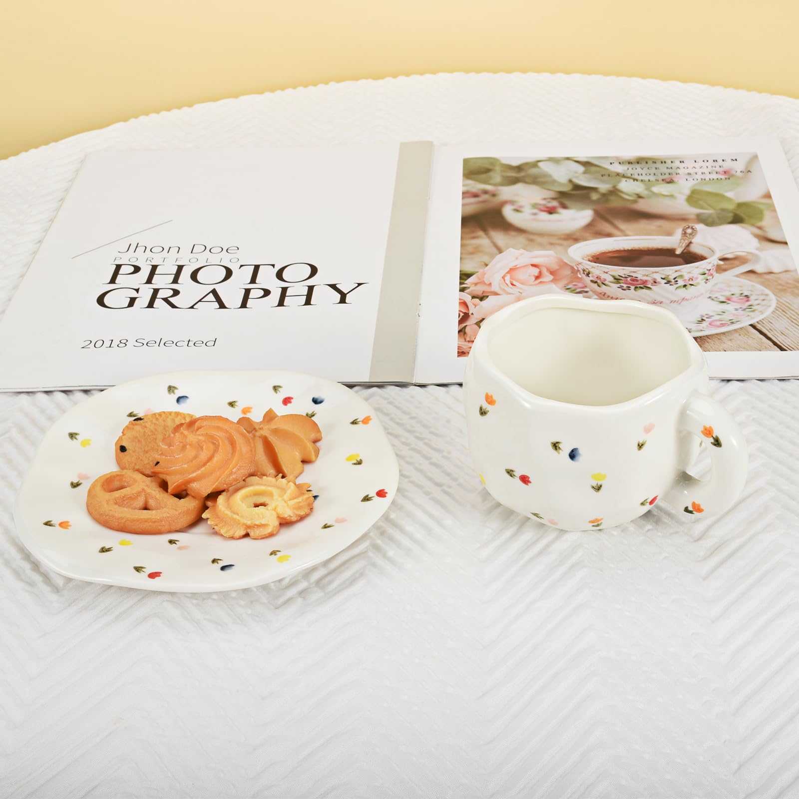 Koythin Koythin Cute Pink Ceramic Coffee Mug with Saucer 10 oz Dishwasher Microwave Safe for Office Home Colorful Tulips - View 3 of 9