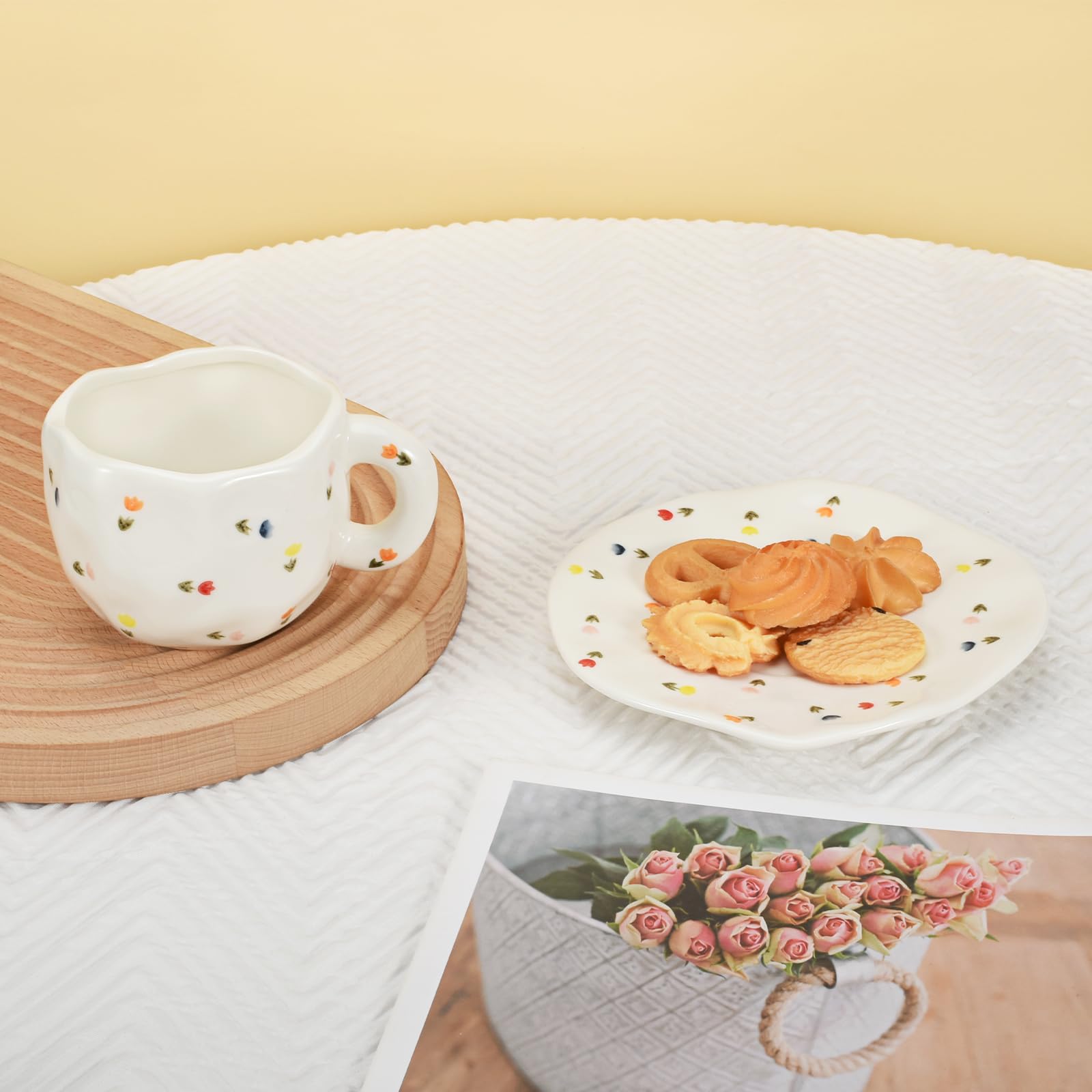 Koythin Koythin Cute Pink Ceramic Coffee Mug with Saucer 10 oz Dishwasher Microwave Safe for Office Home Colorful Tulips - View 5 of 9